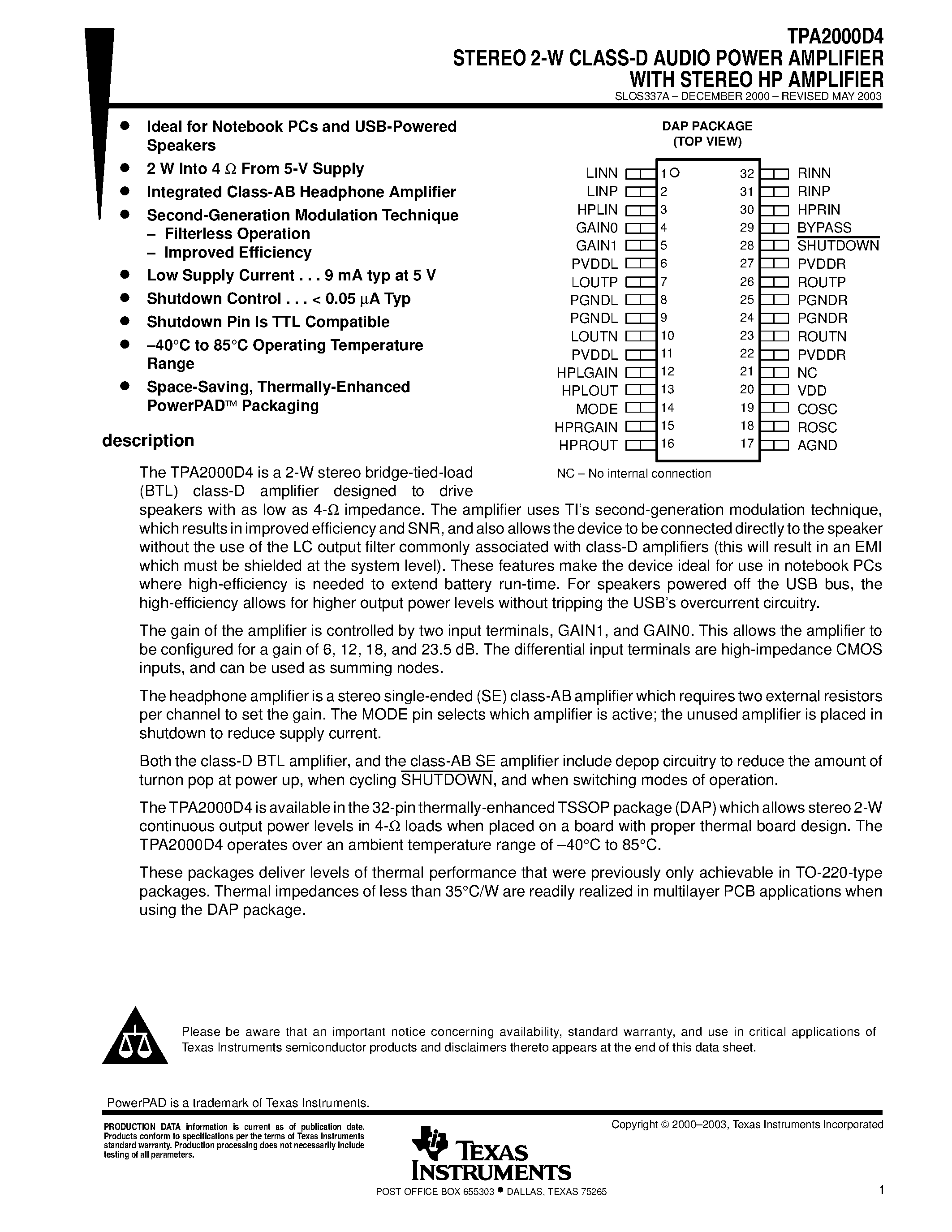 Datasheet TPA2000D4 - STEREO 2-W CLASS-D AUDIO POWER AMPLIFIER WITH STEREO HP AMPLIFIER page 1