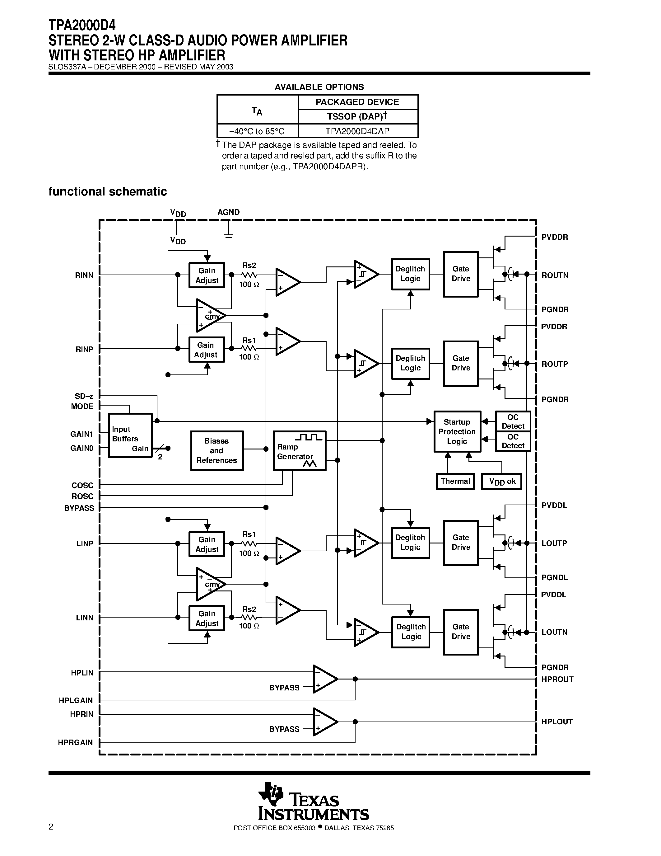 Datasheet TPA2000D4 - STEREO 2-W CLASS-D AUDIO POWER AMPLIFIER WITH STEREO HP AMPLIFIER page 2