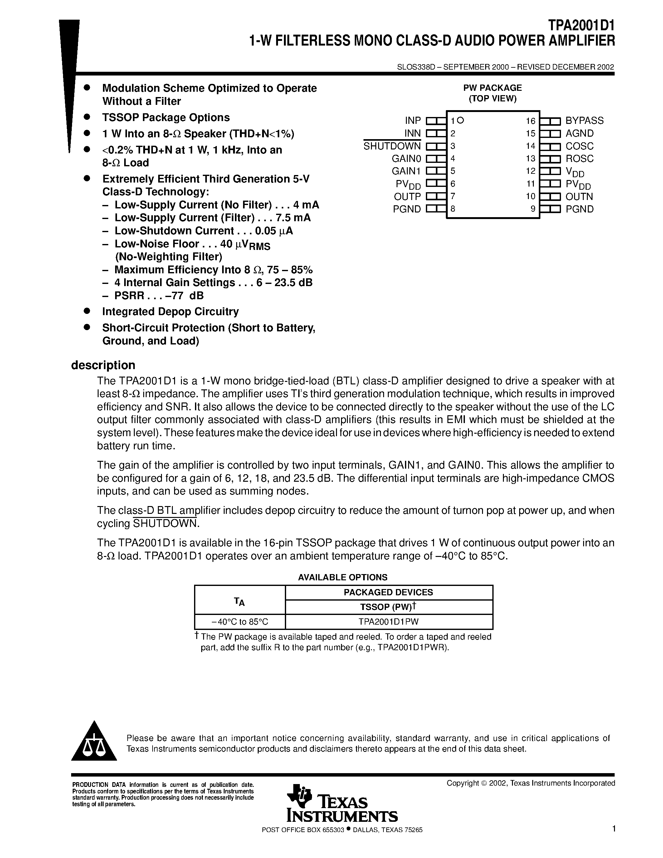 Datasheet TPA2001D1 - 1-W FILTERLESS MONO CLASS-D AUDIO POWER AMPLIFIER page 1