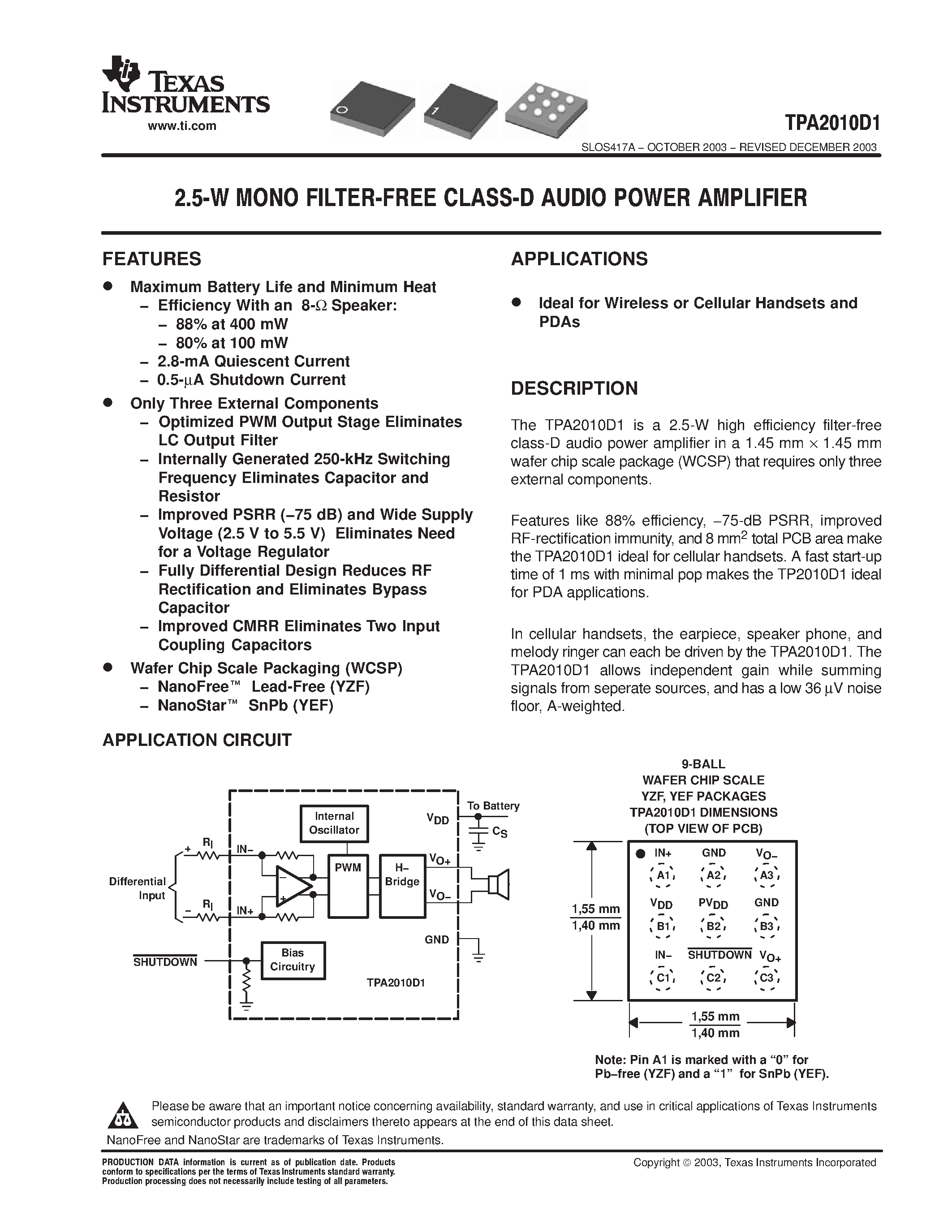 Datasheet TPA2010D1 page 1 Datasheet TPA2010D1 - 2.5-W MONO FILTER-FREE CLASS-D AUDIO POWER AMPLIFIER page 1