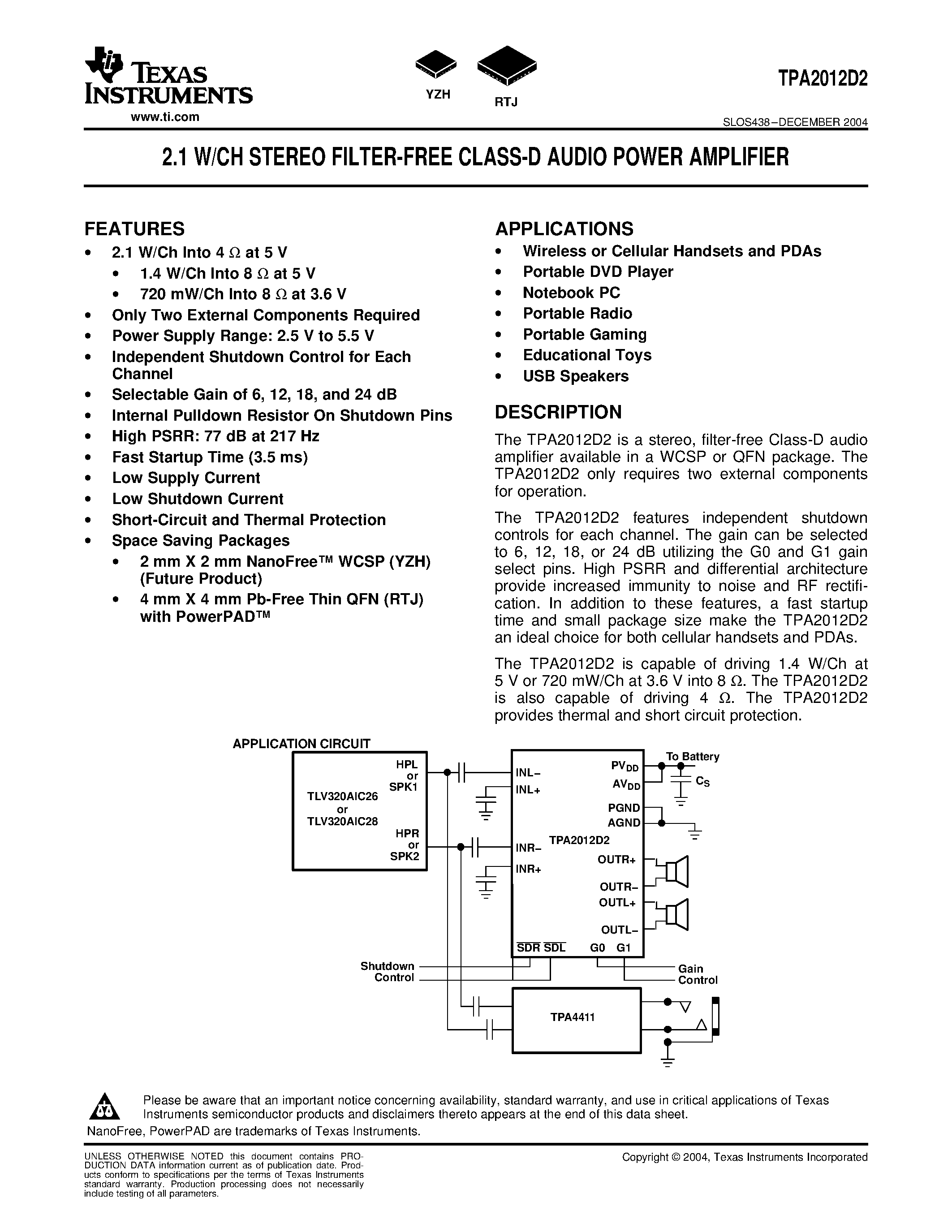 Datasheet TPA2012D2 - 2.1 W/CH STEREO FILTER-FREE CLASS-D AUDIO POWER AMPLIFIER page 1