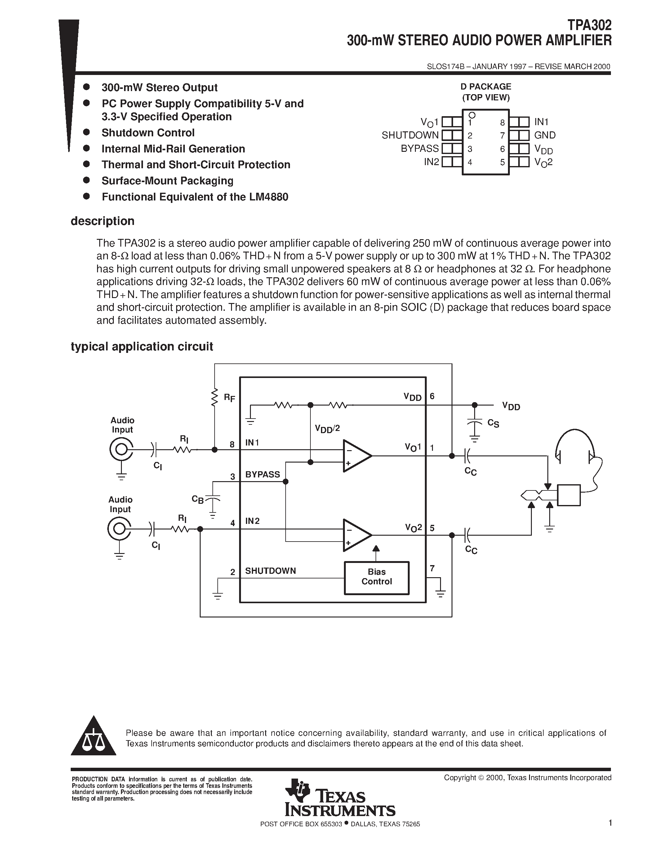 Даташит TPA302 - 300-mW STEREO AUDIO POWER AMPLIFIER страница 1
