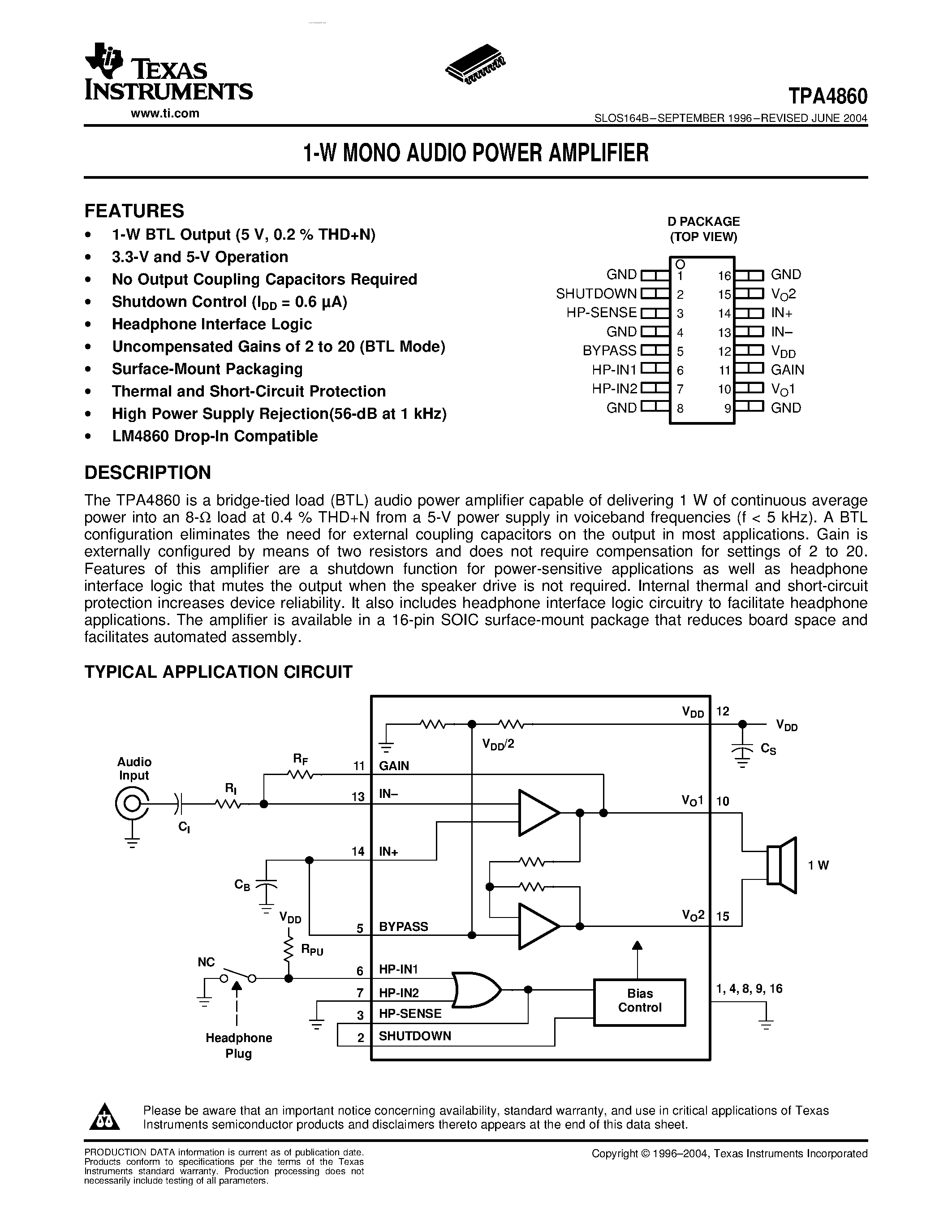 Datasheet TPA4860 - 1-W MONO AUDIO POWER AMPLIFIER page 1