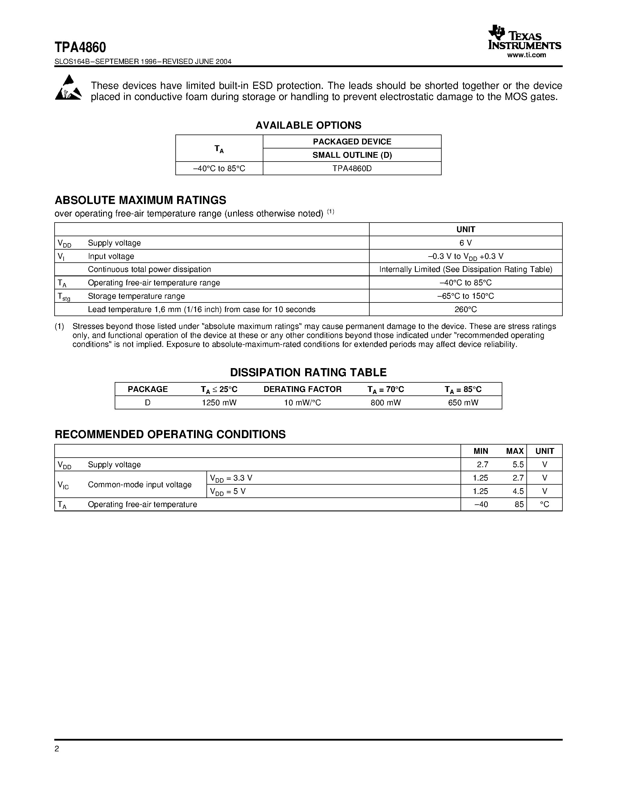 Datasheet TPA4860 - 1-W MONO AUDIO POWER AMPLIFIER page 2