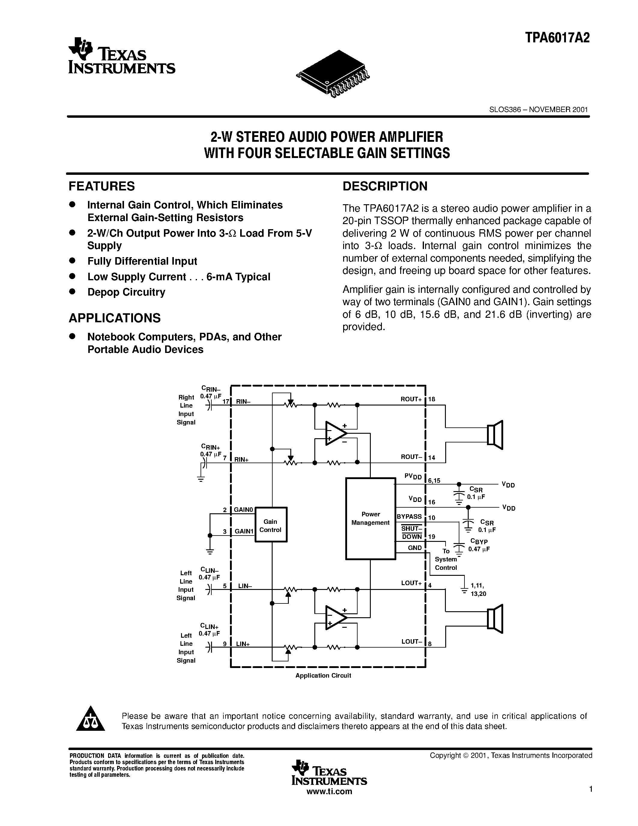 Datasheet TPA6017A2 - 2 W STEREO AUDIO POWER AMPLIFIER WITH FOUR SELECTABLE GAIN SETTINGS page 1