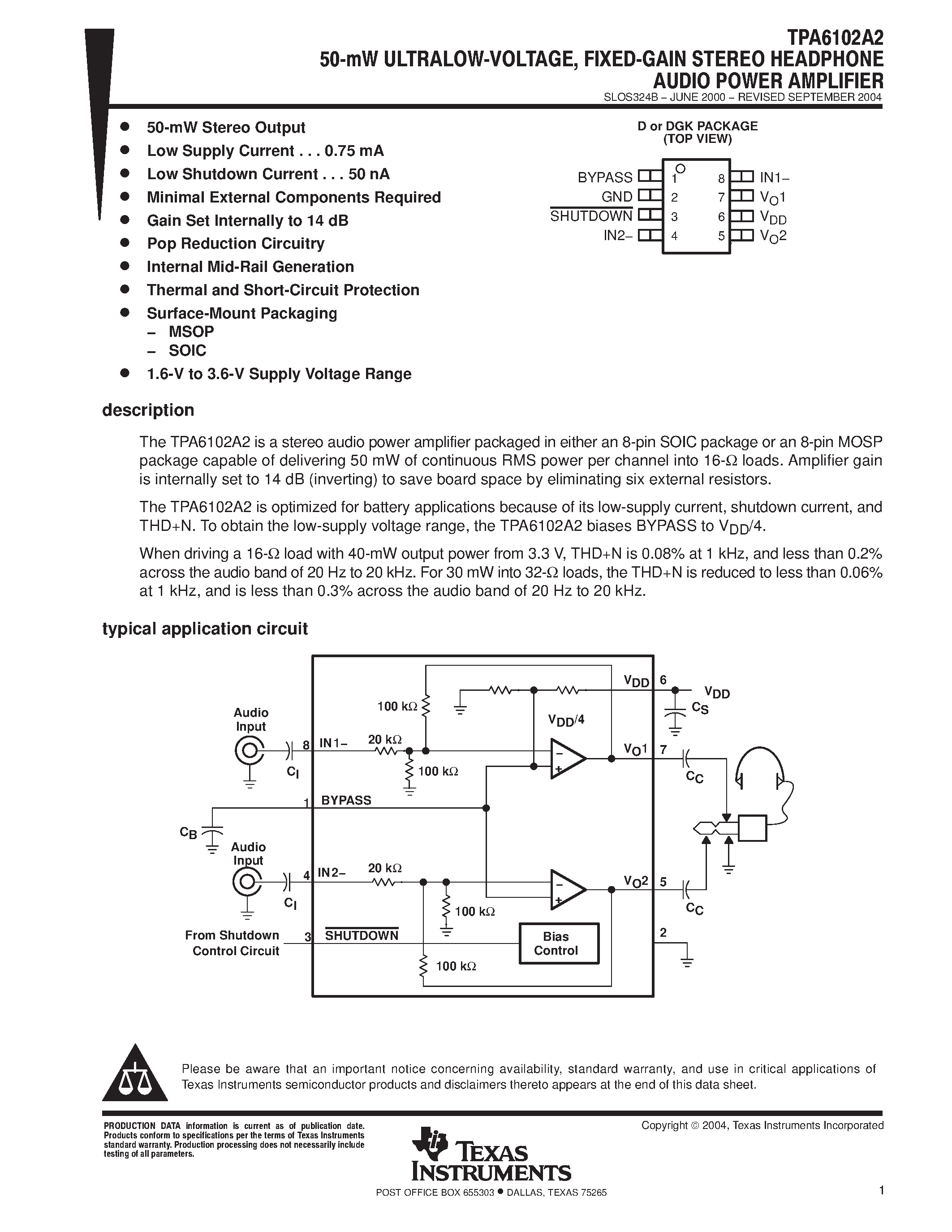 Даташит TPA6102A2 - 50 mM ULTRALOW VOLTAGE FIXED-GAIN STEREO HEADPHONE AUDIO POWER AMPLIFIER страница 1
