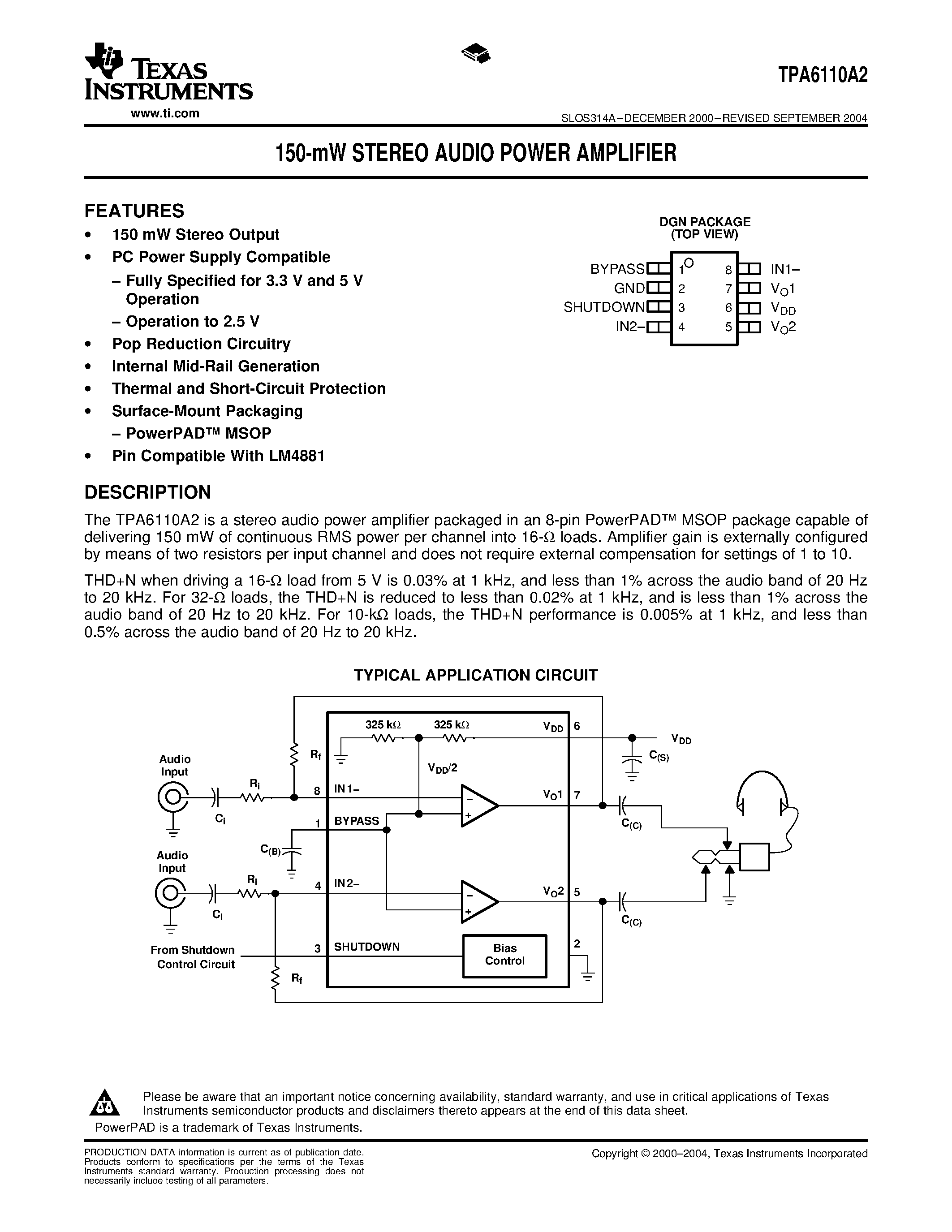 Даташит TPA6110A2 - 150-mW STEREO AUDIO POWER AMPLIFIER страница 1