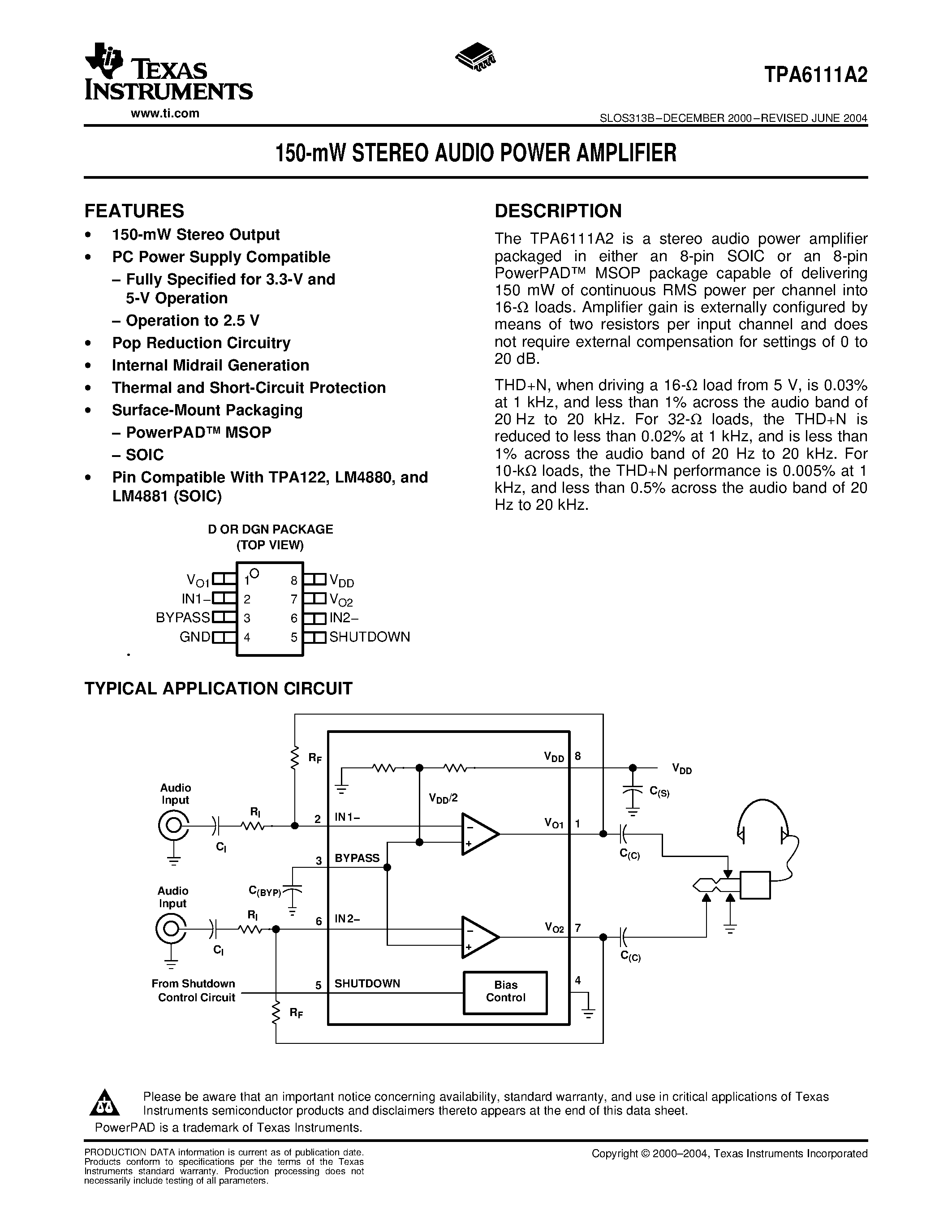 Даташит TPA6111A2 - 150-mW STEREO AUDIO POWER AMPLIFIER страница 1
