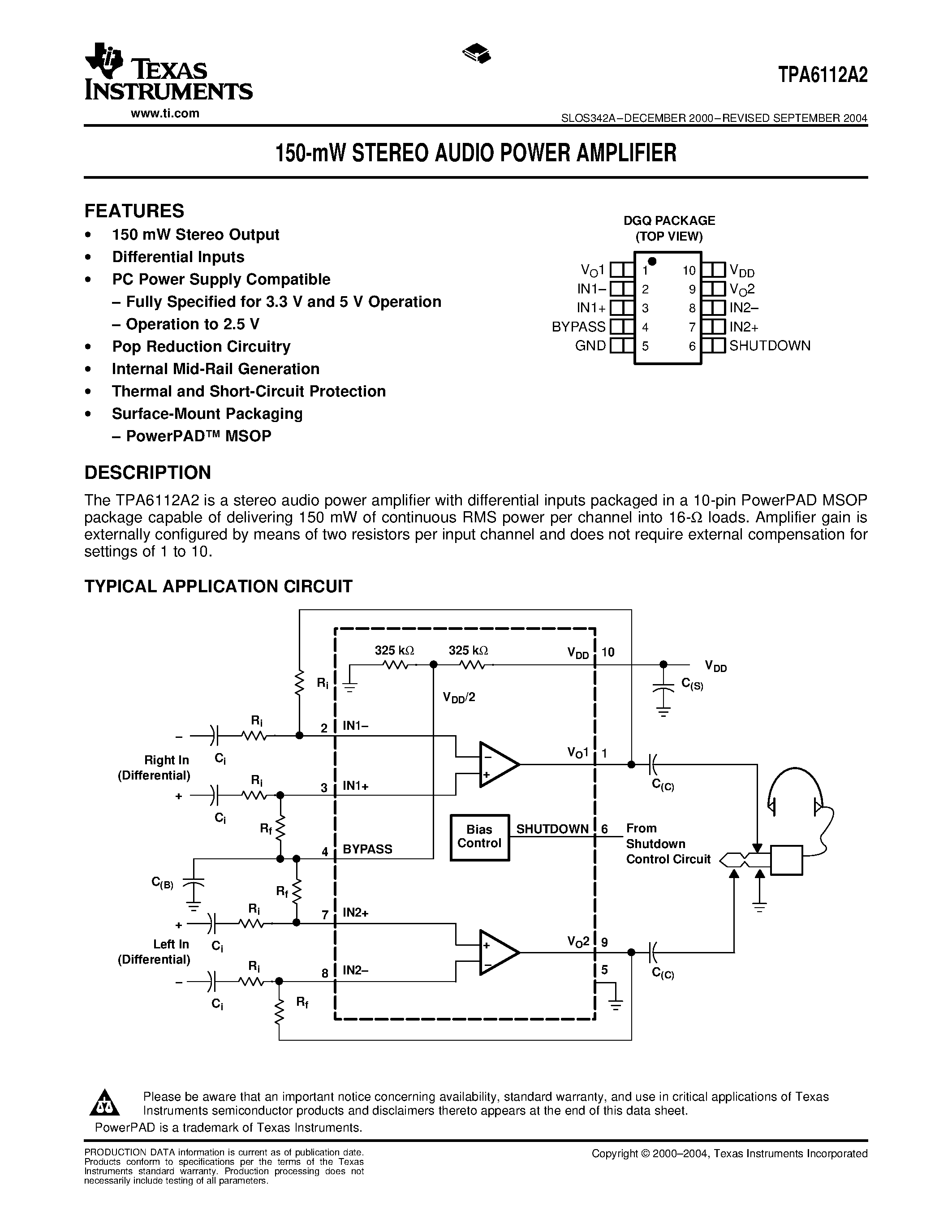 Даташит TPA6112A2 - 150-mW STEREO AUDIO POWER AMPLIFIER страница 1