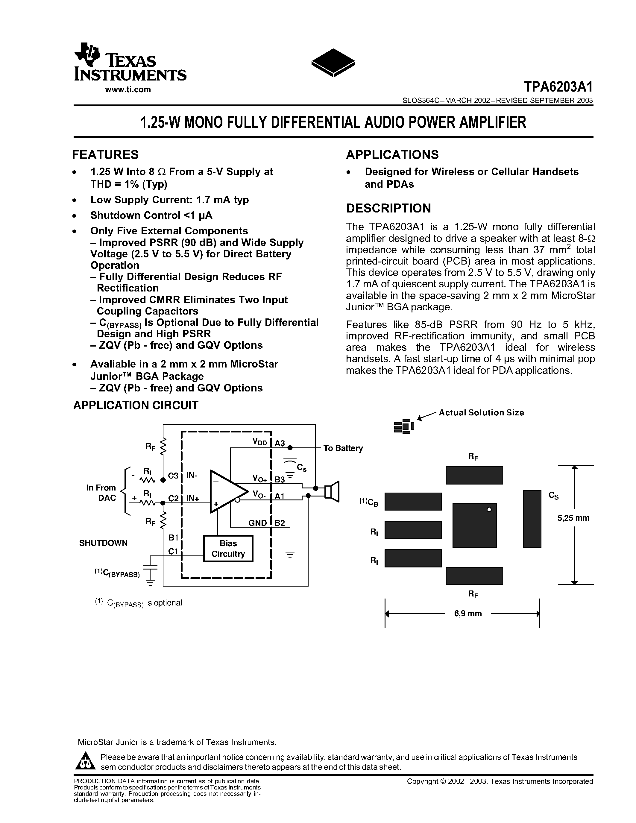 Datasheet TPA6203A1 - 1.25-W MONO FULLY DIFFERENTIAL AUDIO POWER AMPLIFIER page 1