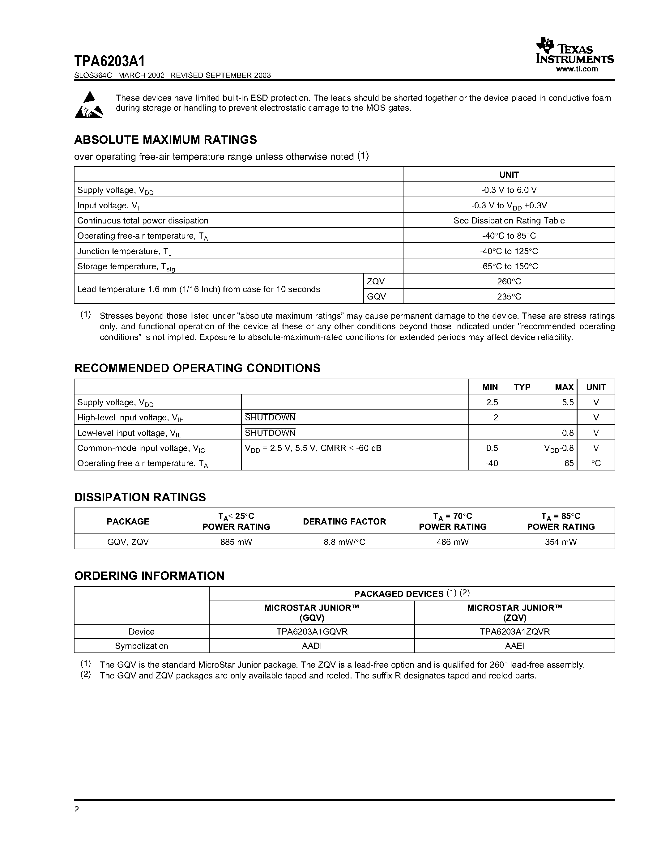 Datasheet TPA6203A1 - 1.25-W MONO FULLY DIFFERENTIAL AUDIO POWER AMPLIFIER page 2