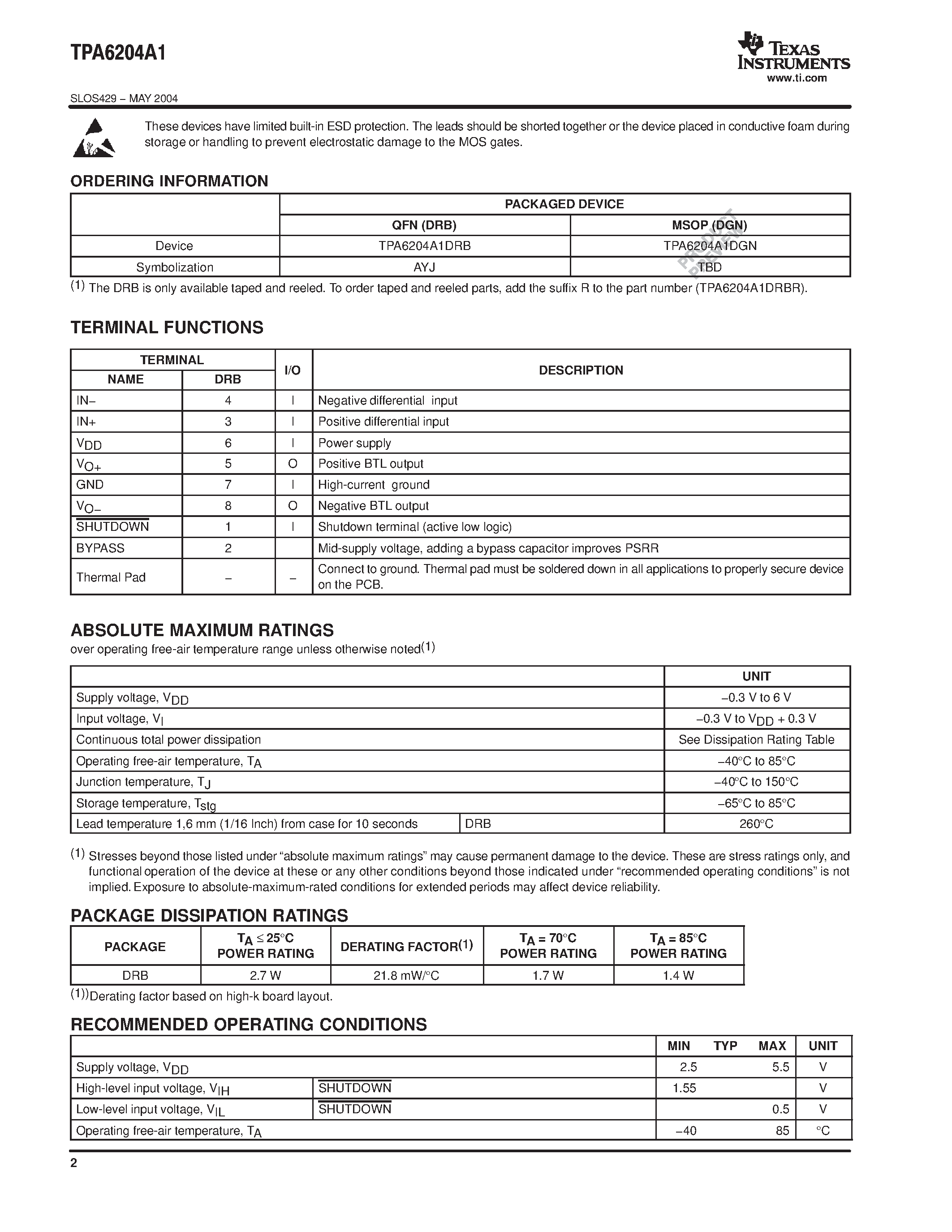 Datasheet TPA6204A1 page 2 Datasheet TPA6204A1 - 1.7W MONO FULLY DIFFERENTIAL AUDIO POWER AMPLIFIER page 2