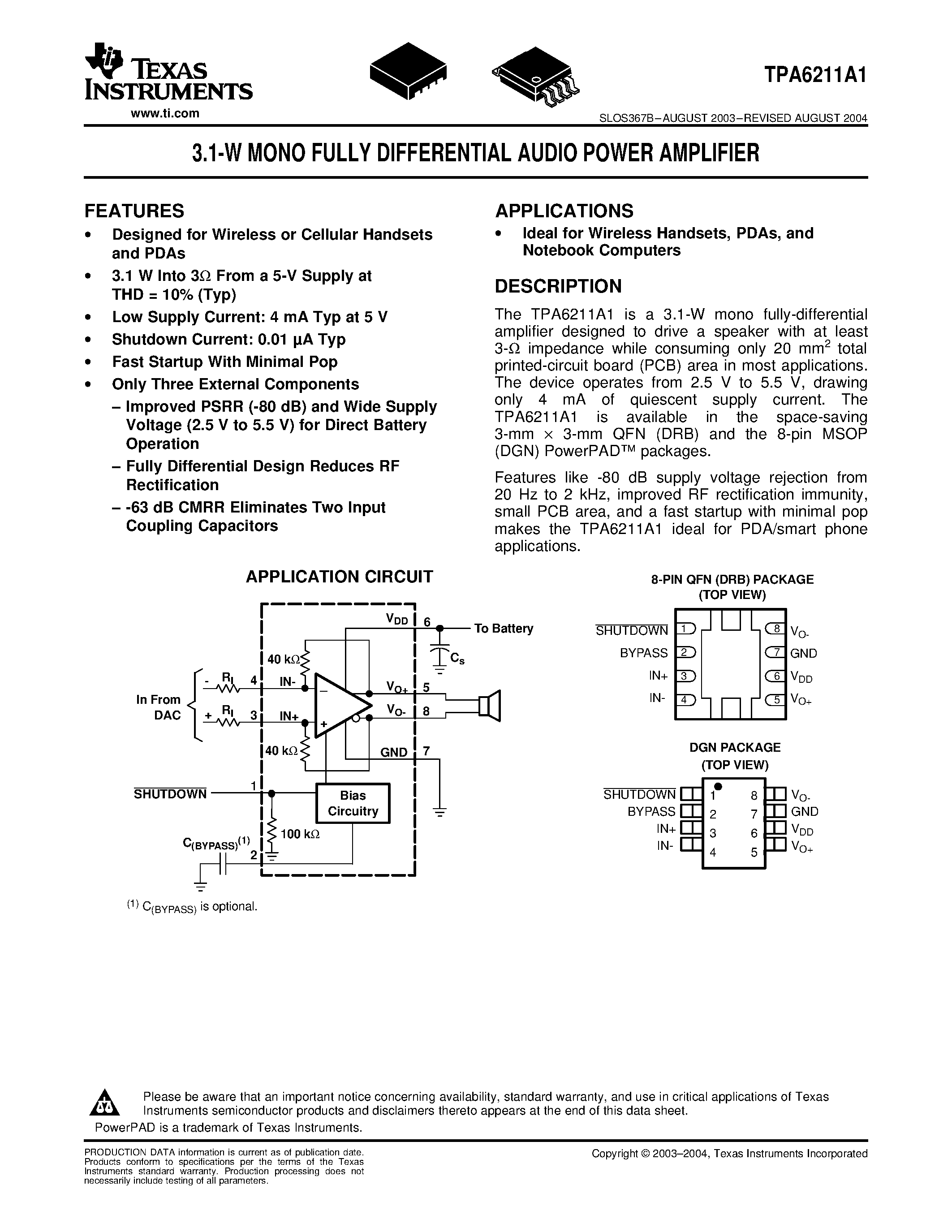 Datasheet TPA6211A1 - 3.1-W MONO FULLY DIFFERENTIAL AUDIO POWER AMPLIFIER page 1
