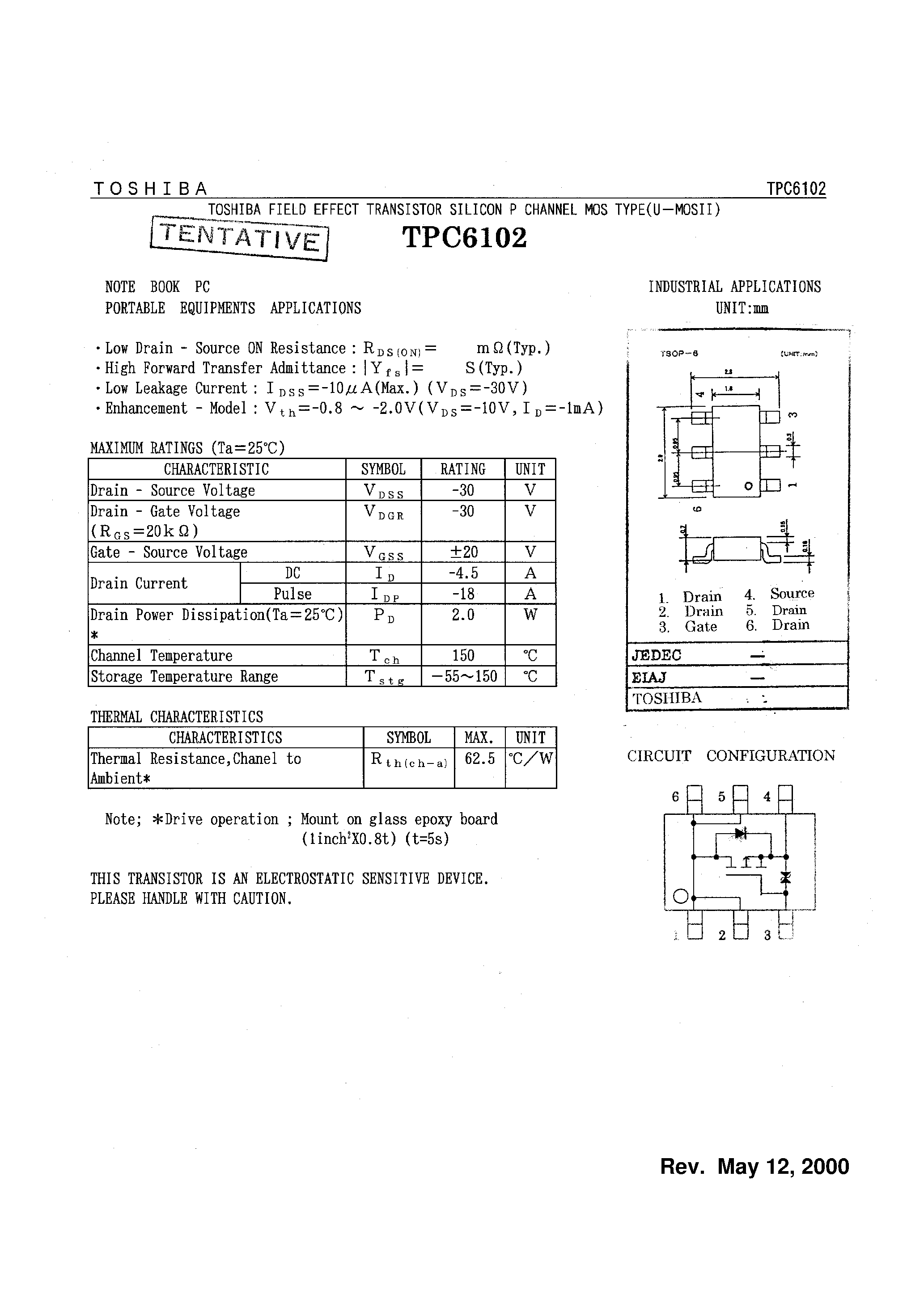 Datasheet TPC6102 - FIELD EFFECT TRANSISTOR SILICON P CHANNEL MOS TYPE page 1