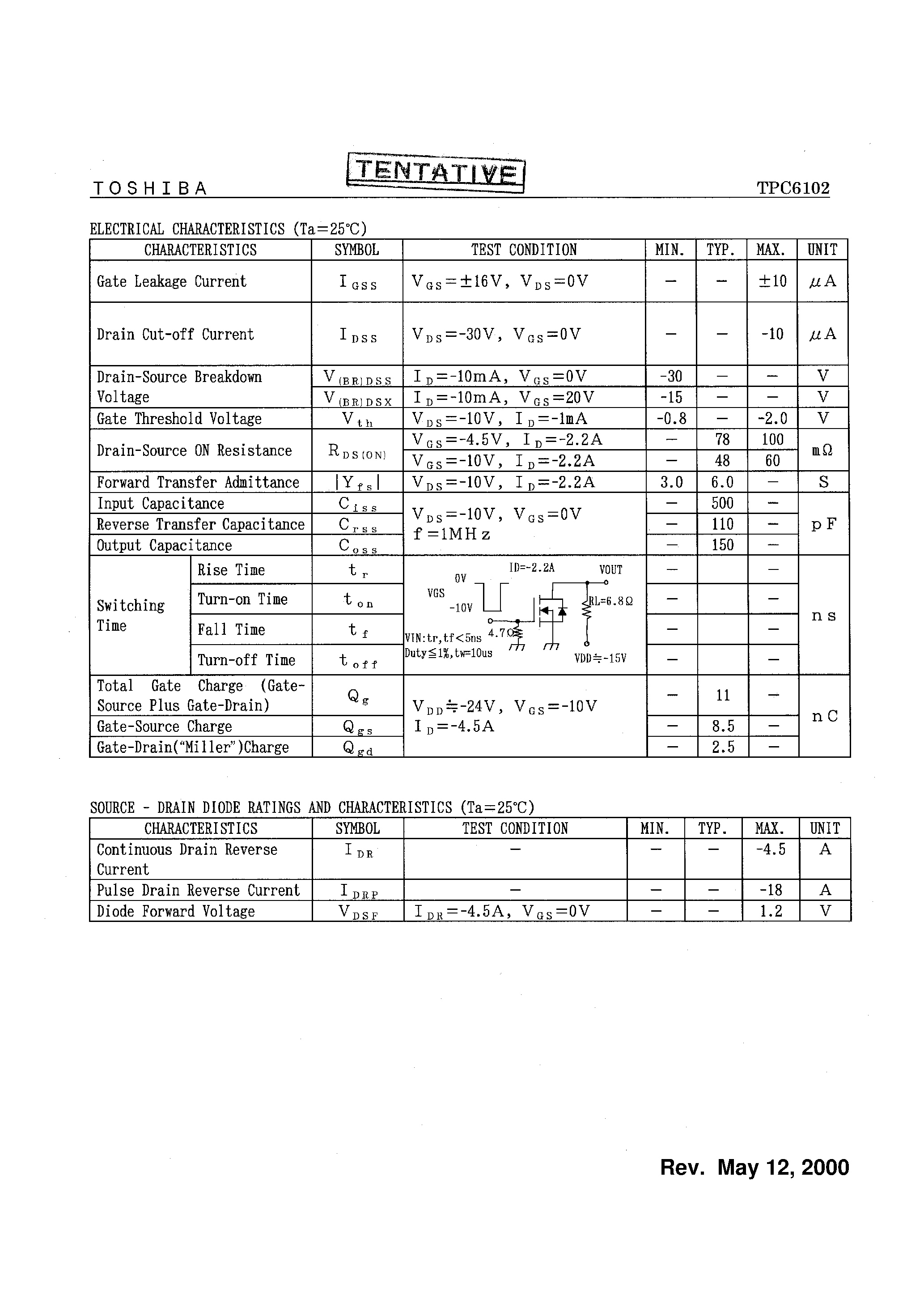Datasheet TPC6102 - FIELD EFFECT TRANSISTOR SILICON P CHANNEL MOS TYPE page 2