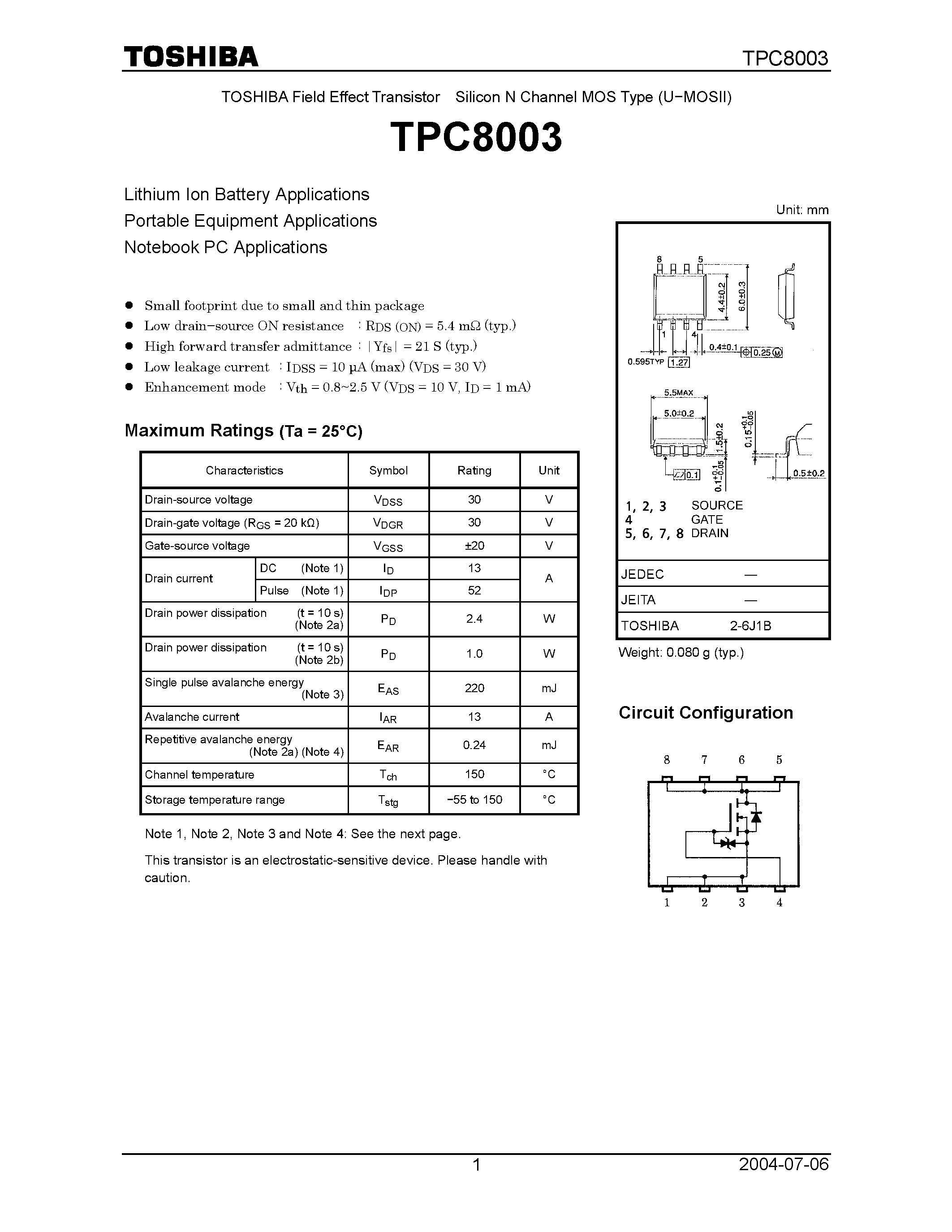 Даташит на микросхему TPC8003 страница 1 Даташит TPC8003 - Field Effect Transistor Silicon N Channel MOS Type (U−MOSII) страница 1