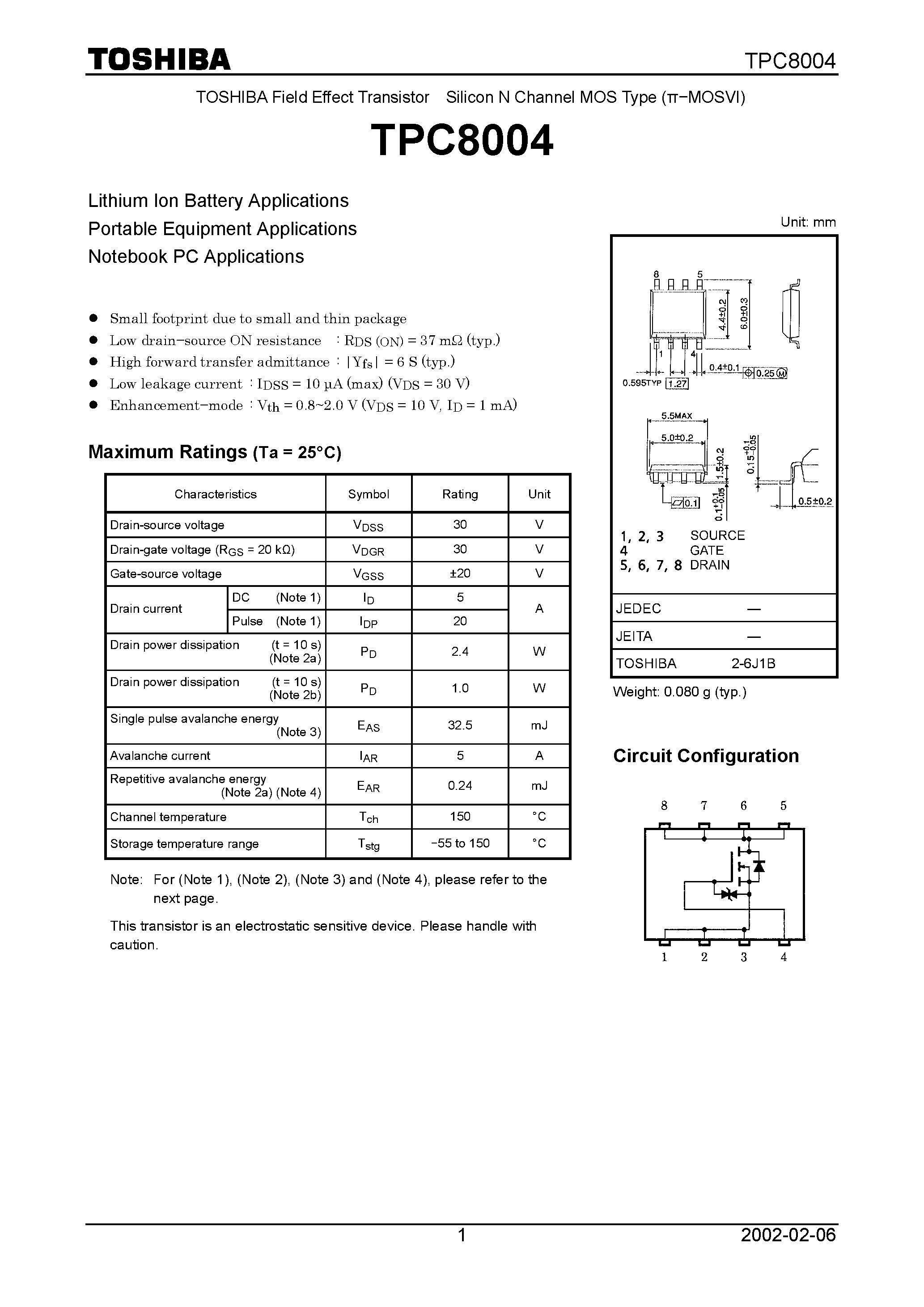 Datasheet TPC8004 - Silicon N Channel MOS Type (MOSVI) page 1