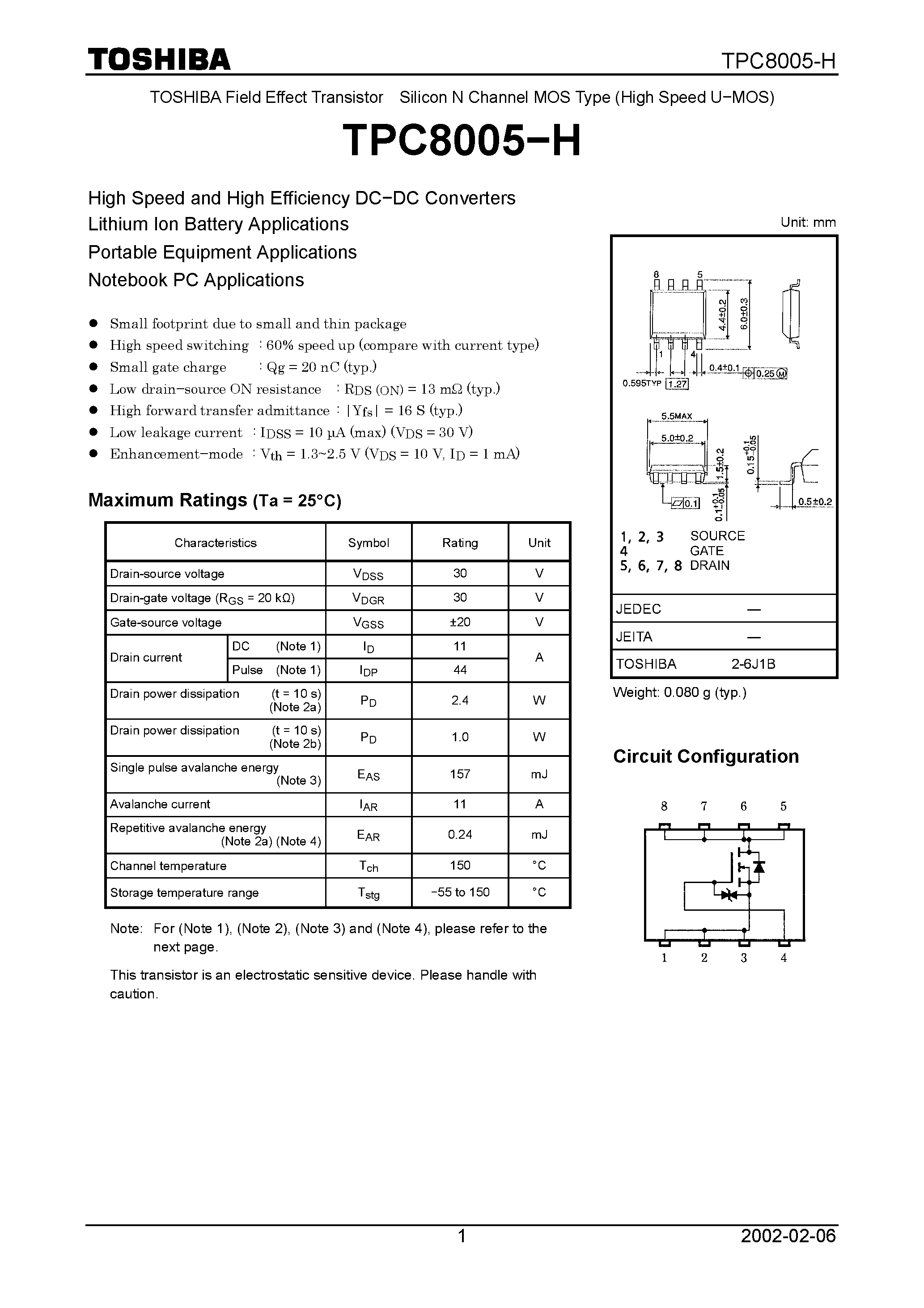 Даташит на микросхему TPC8005-H страница 1 Даташит TPC8005-H - Silicon N Channel MOS Type (High Speed U−MOS) страница 1