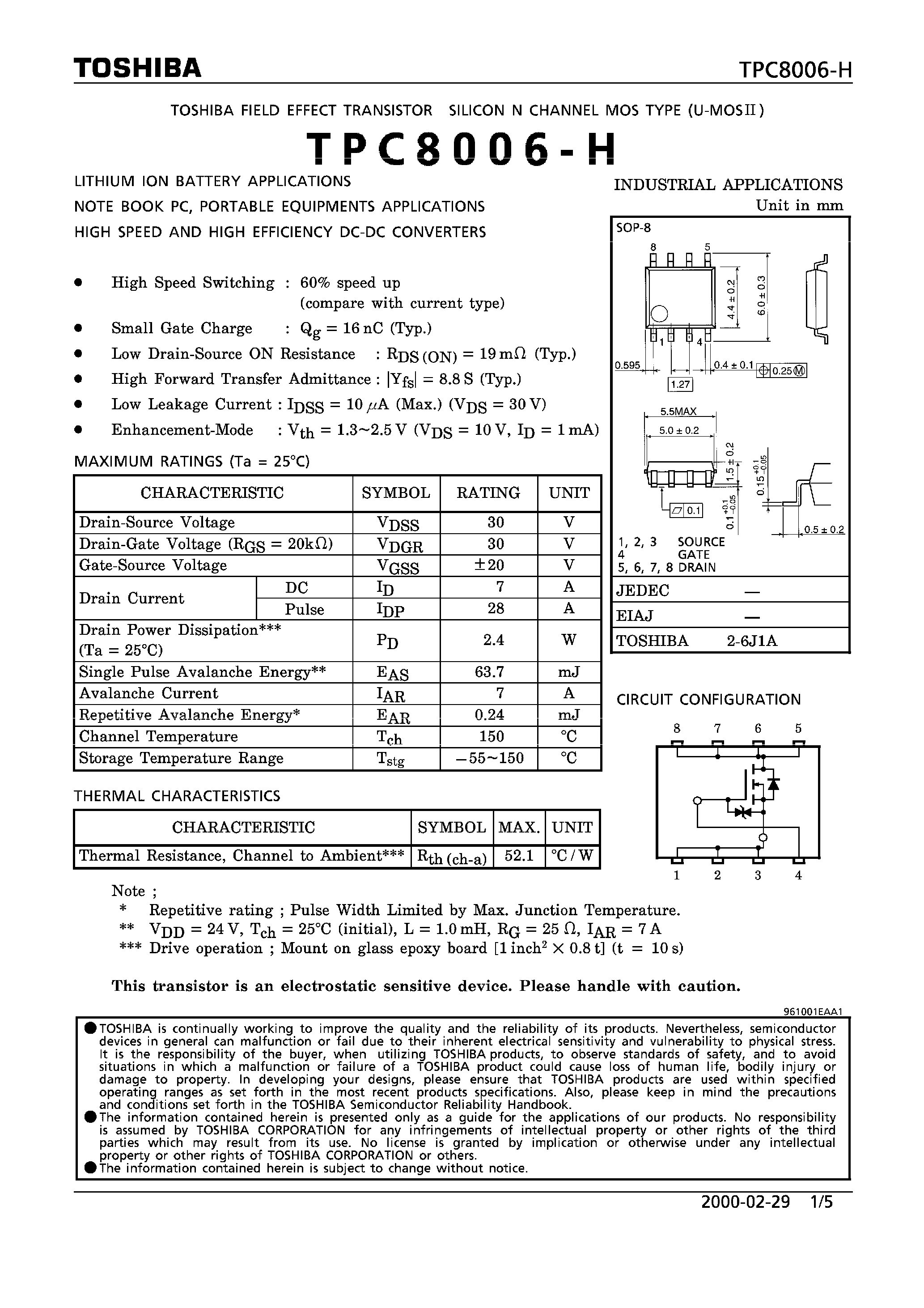 Datasheet TPC8006-H - FIELD EFFECT TRANSISTOR SILICON N CHANNEL MOS TYPE page 1