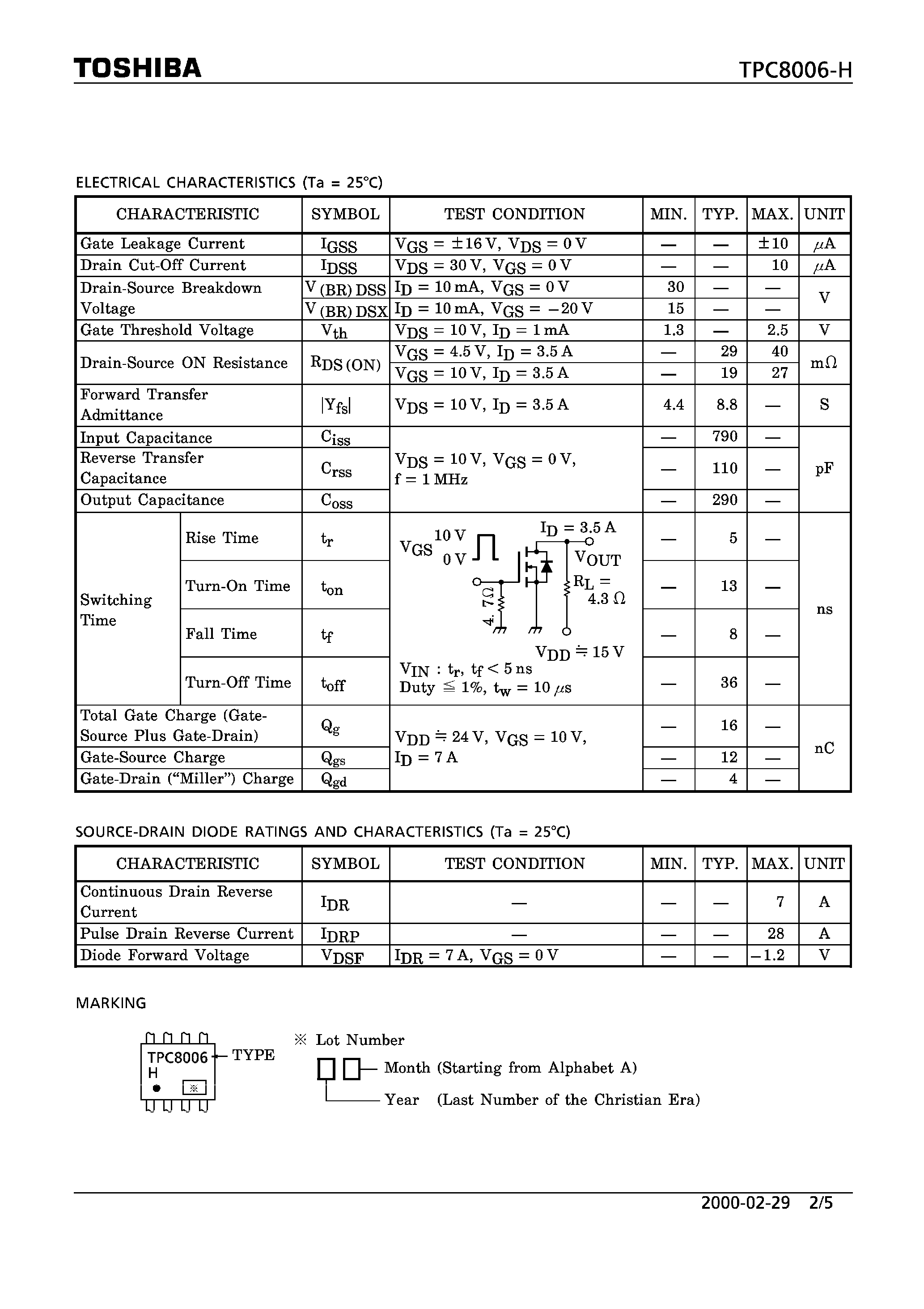 Datasheet TPC8006-H - FIELD EFFECT TRANSISTOR SILICON N CHANNEL MOS TYPE page 2