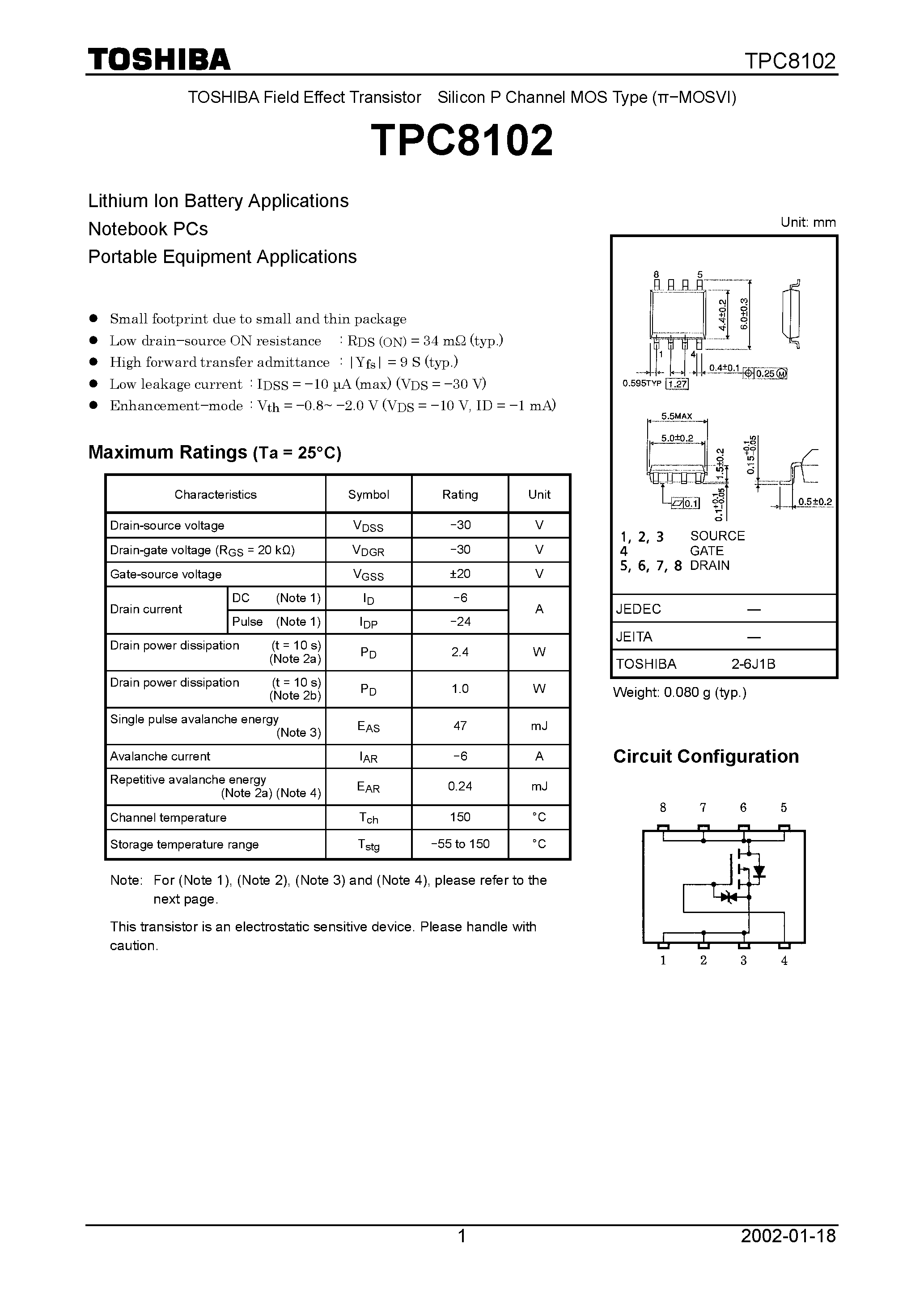 Datasheet TPC8102 - TOSHIBA Field Effect Transistor Silicon P Channel MOS Type (MOSVI) page 1