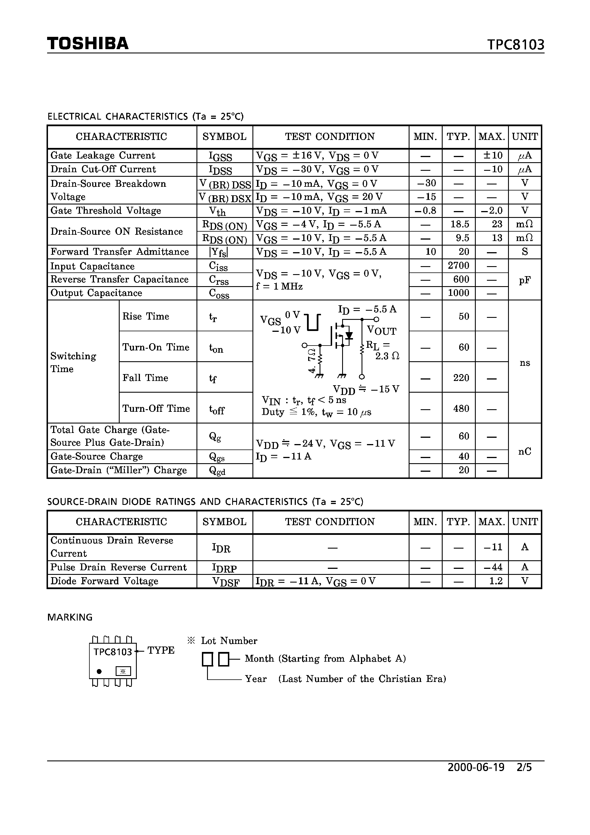 Datasheet TPC8103 page 2 Datasheet TPC8103 - TRANSISTOR SILICON P CHANNEL MOS TYPE page 2