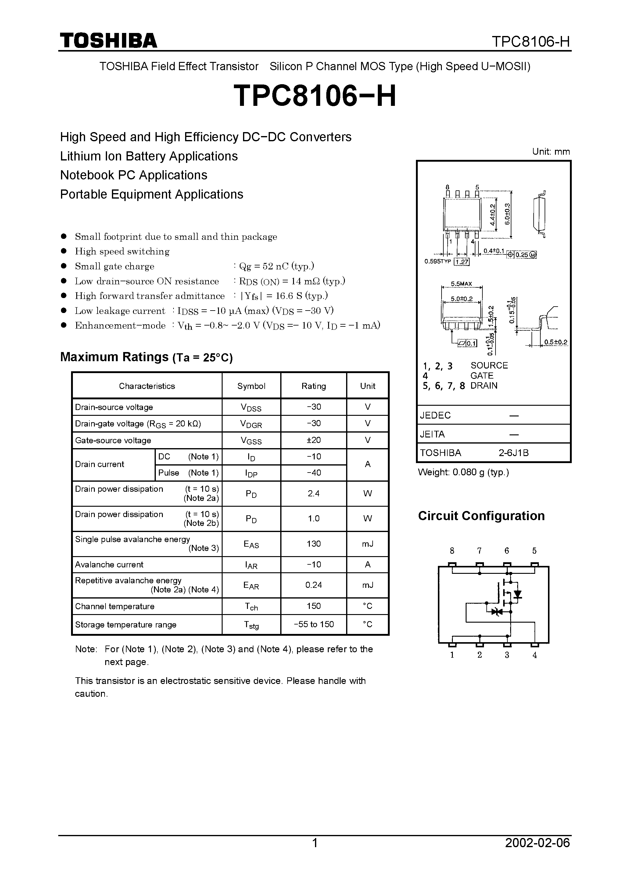 Datasheet TPC8106-H page 1 Datasheet TPC8106-H - SILICON P CHANNEL MOS TYPE page 1