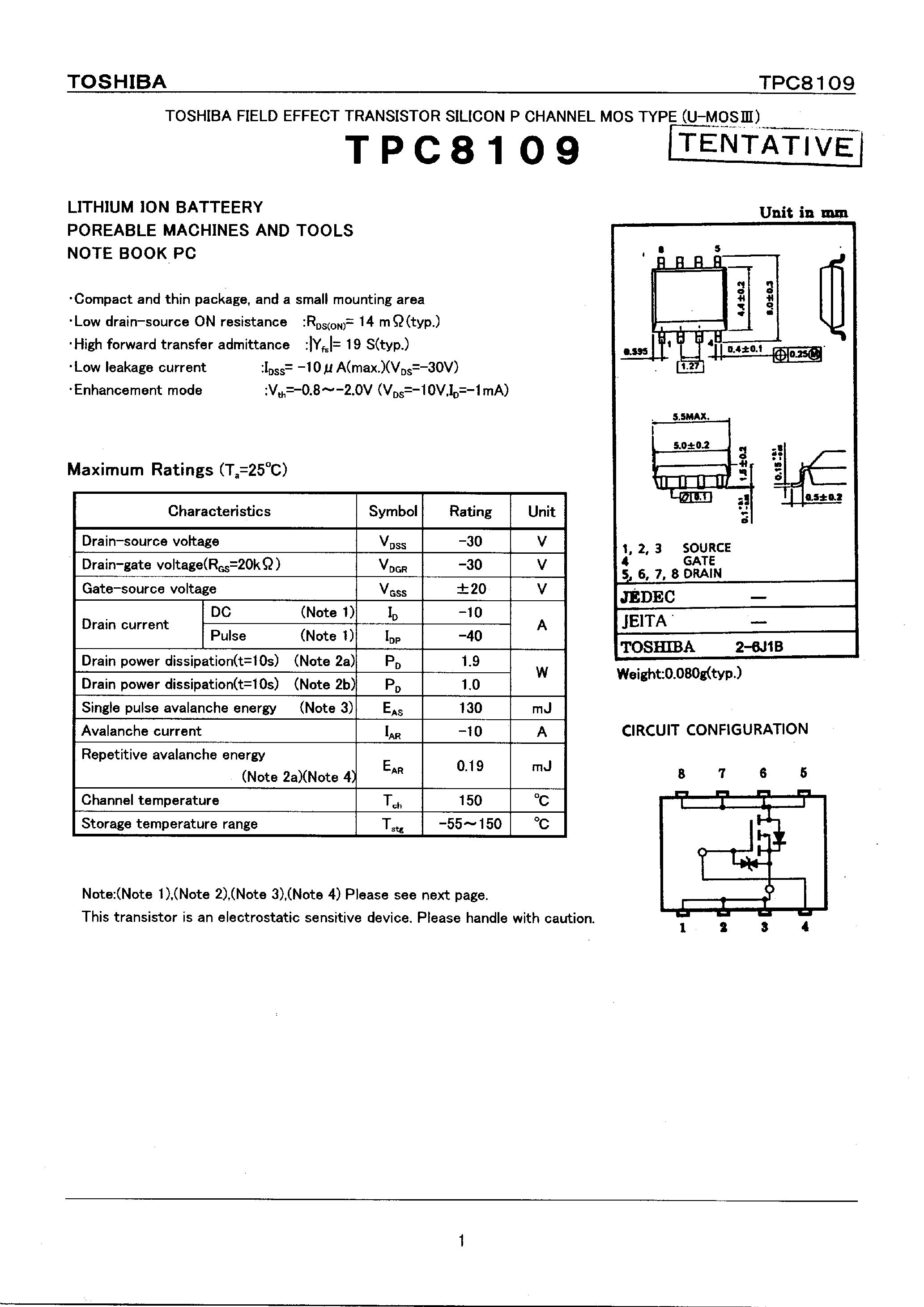 Datasheet TPC8109 - FIELD EFFECT TRANSISTOR SILICON P CHANNEL MOS TYPE page 1
