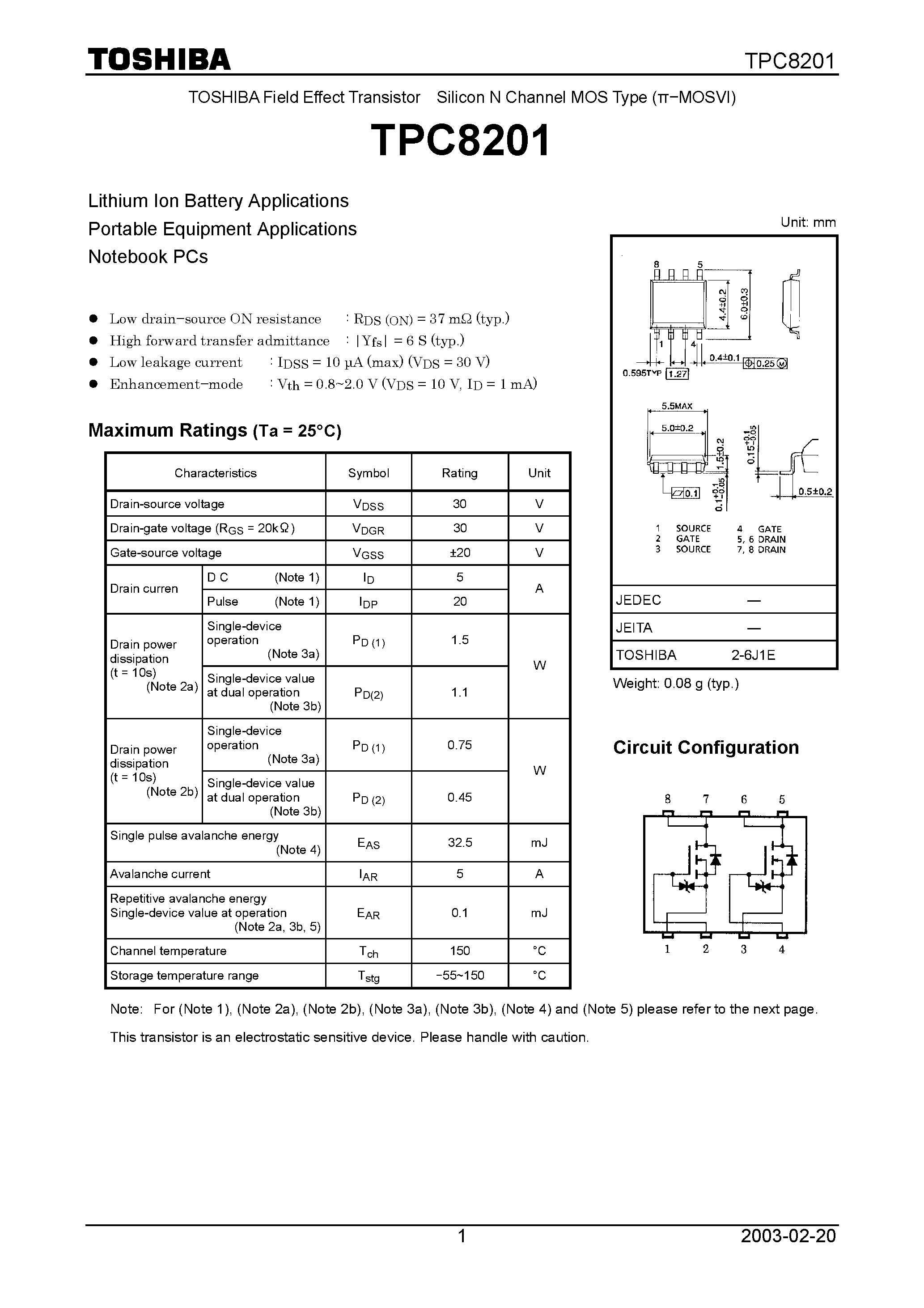 Datasheet TPC8201 - TOSHIBA Field Effect Transistor Silicon N Channel MOS Type page 1