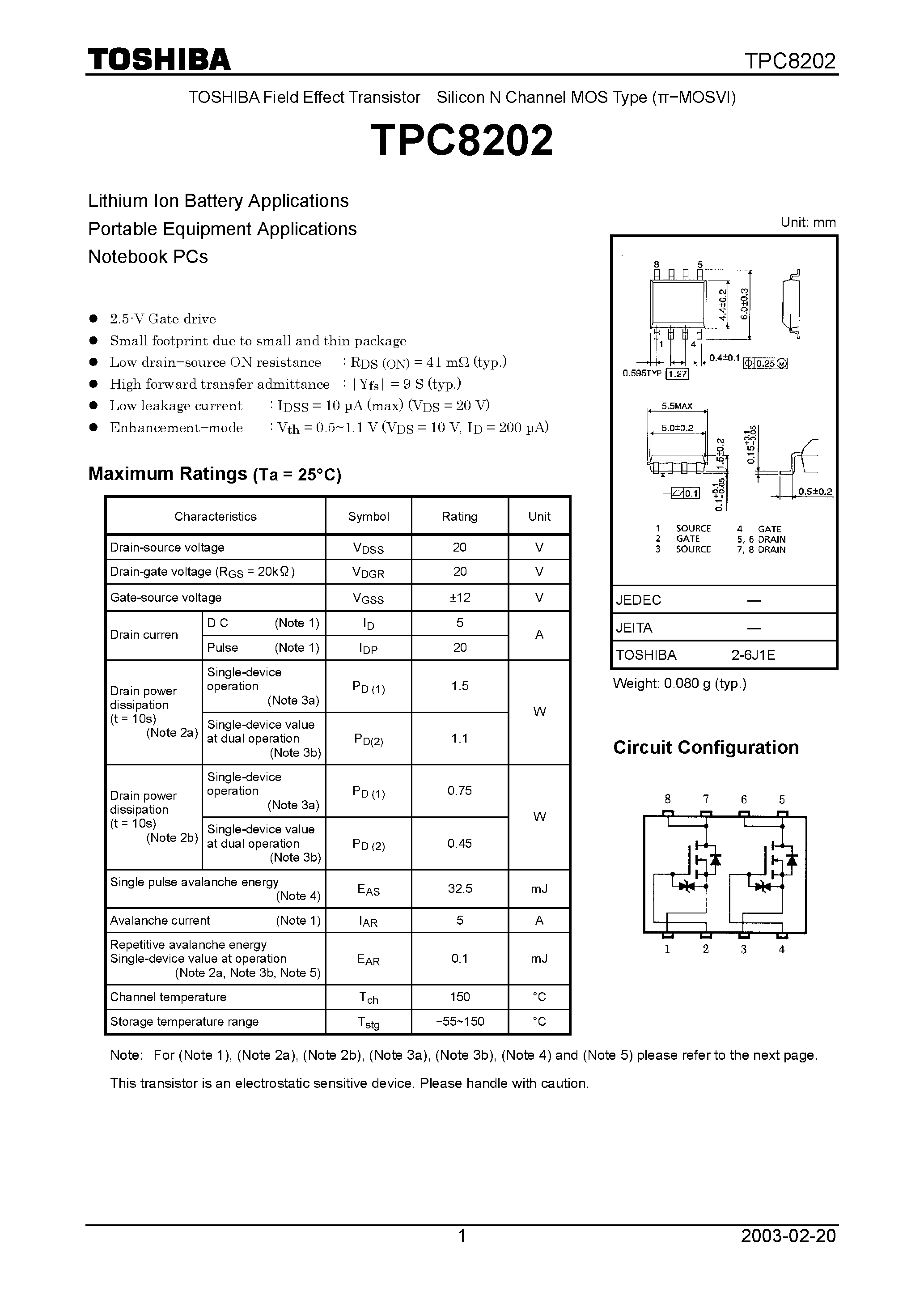 Datasheet TPC8202 page 1 Datasheet TPC8202 - TOSHIBA Field Effect Transistor Silicon N Channel MOS Type (PIE−MOSVI) page 1