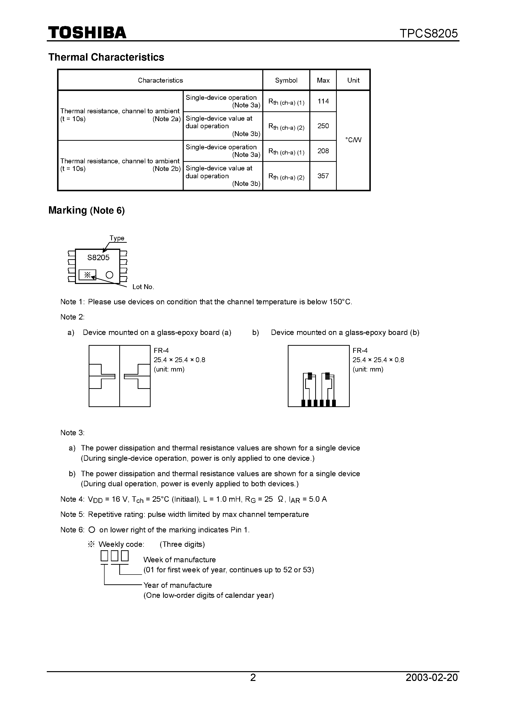 Datasheet TPC8205 page 2 Datasheet TPC8205 - TOSHIBA Field Effect Transistor Silicon N Channel MOS Type (U-MOS II) page 2