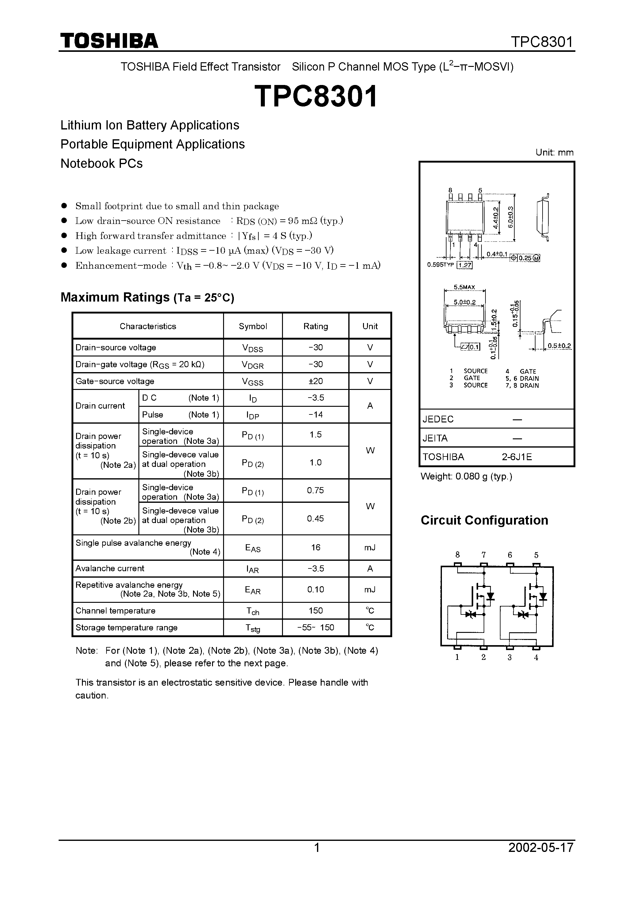 Datasheet TPC8301 - Silicon P Channel MOS Type (L2−MOSVI) page 1