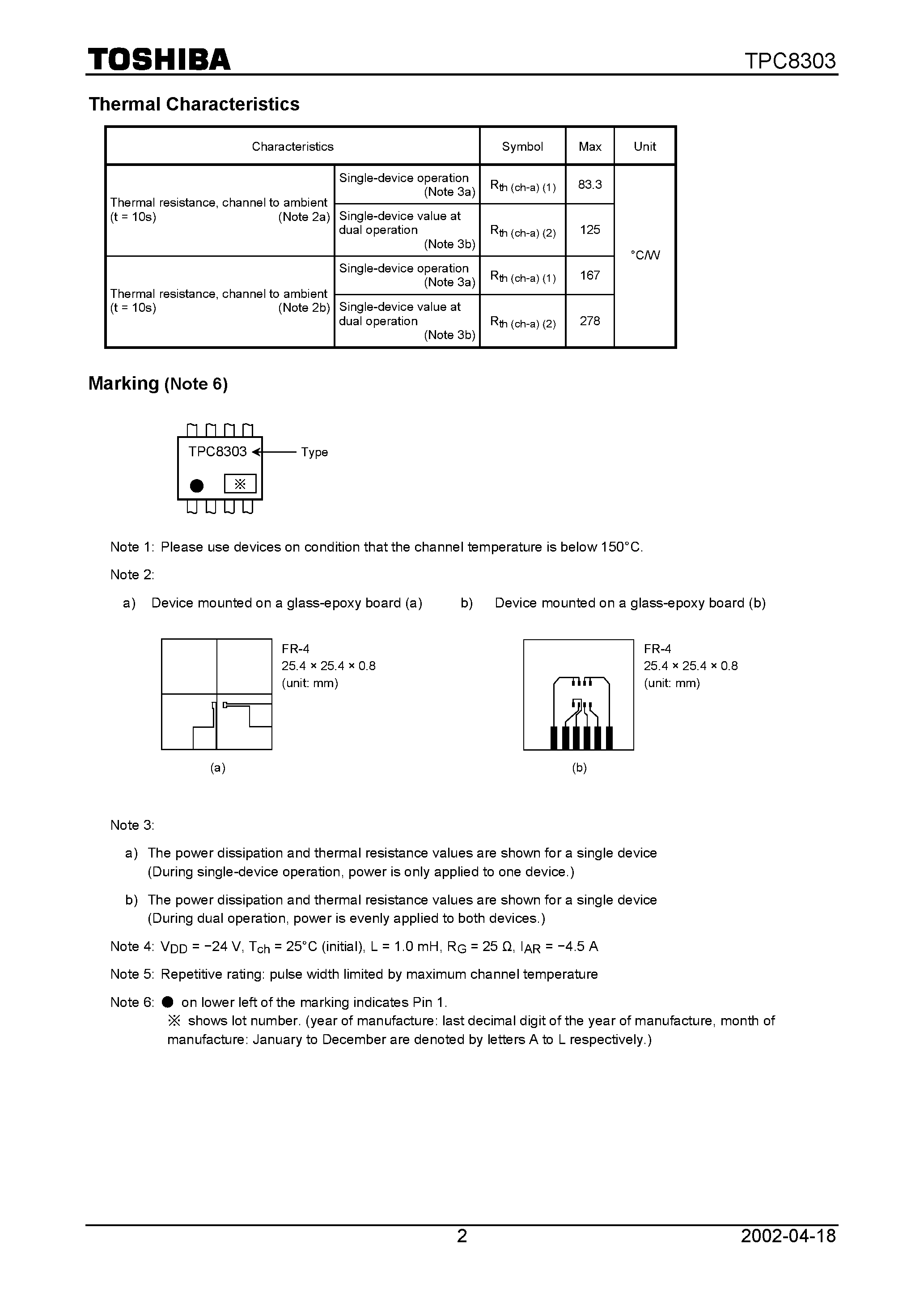 Даташит на микросхему TPC8303 страница 2 Даташит TPC8303 - TOSHIBA Field Effect Transistor Silicon P Channel MOS Type (U−MOSII) страница 2