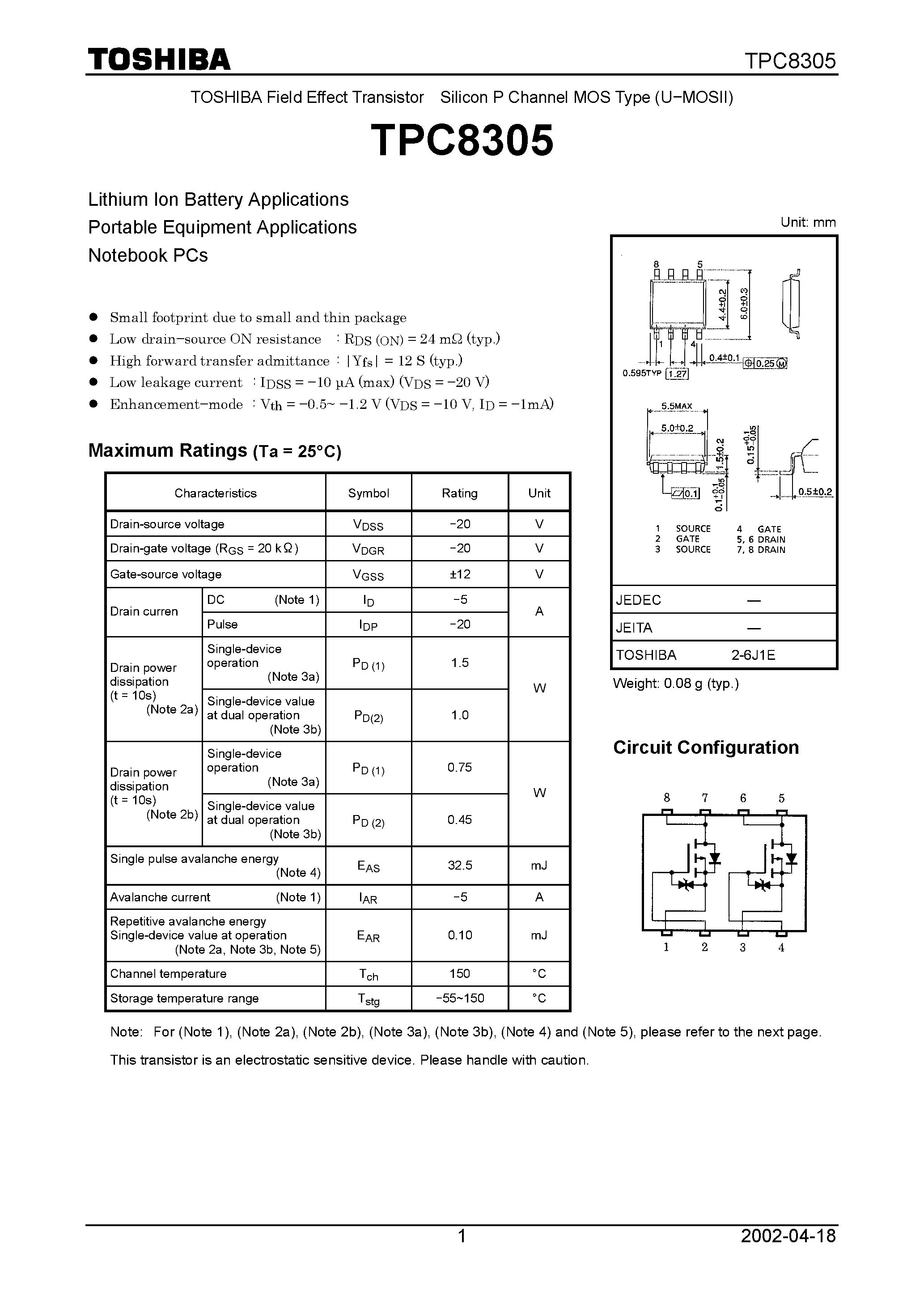 Даташит на микросхему TPC8305 страница 1 Даташит TPC8305 - Silicon P Channel MOS Type (U−MOSII) страница 1
