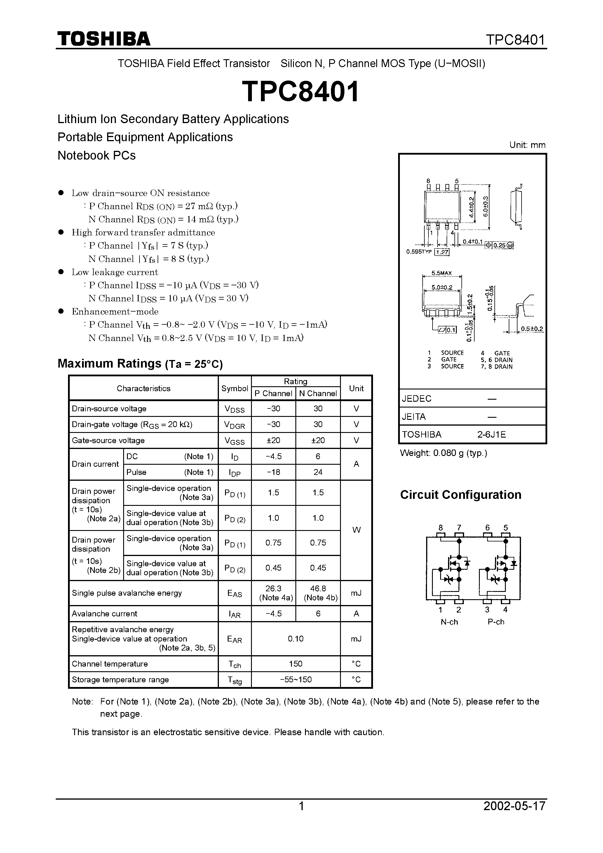 Datasheet TPC8401 page 1 Datasheet TPC8401 - TOSHIBA Field Effect Transistor Silicon N/ P Channel MOS Type (U−MOSII) page 1