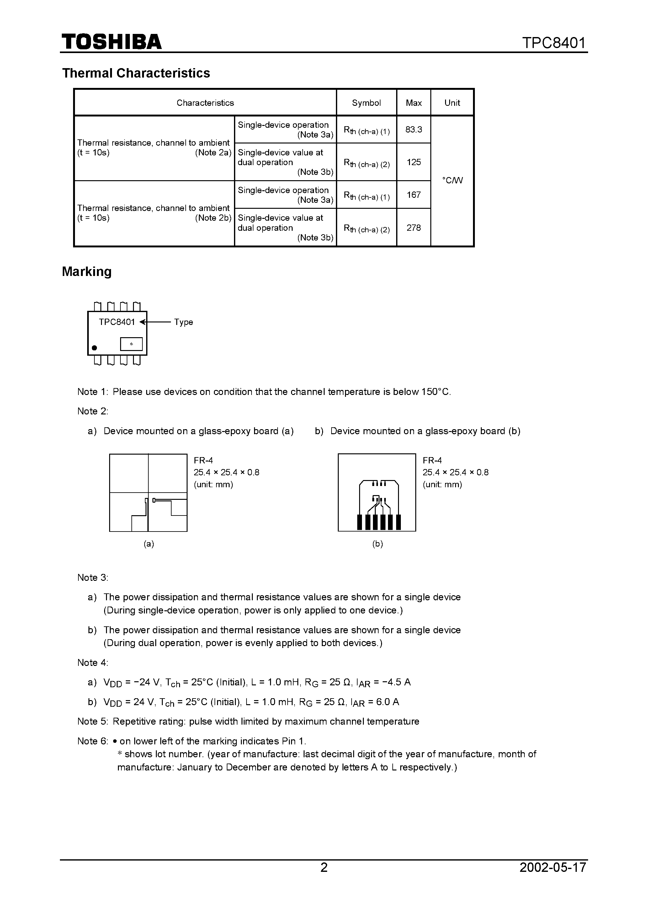 Datasheet TPC8401 page 2 Datasheet TPC8401 - TOSHIBA Field Effect Transistor Silicon N/ P Channel MOS Type (U−MOSII) page 2