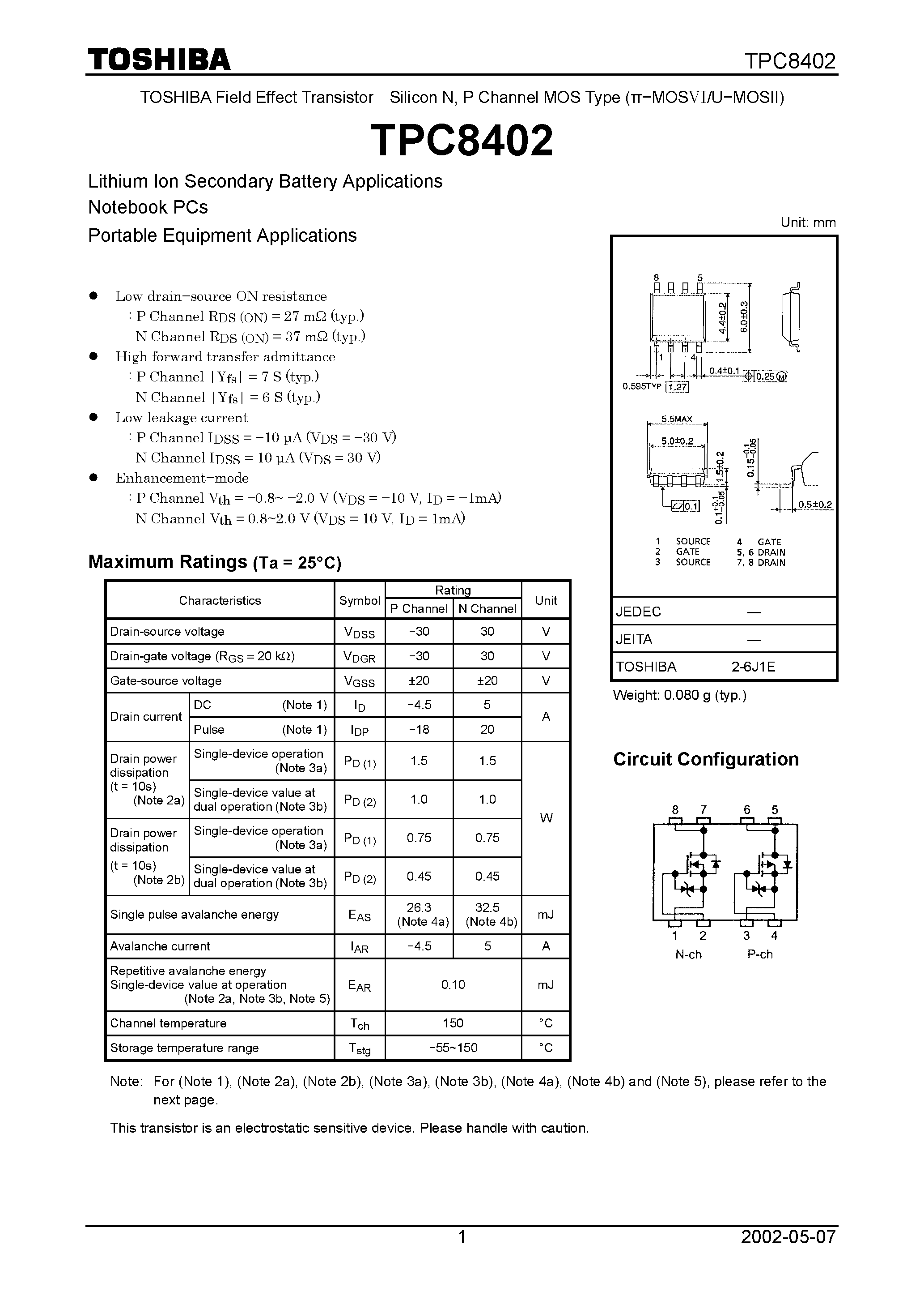 Даташит на микросхему TPC8402 страница 1 Даташит TPC8402 - TOSHIBA Field Effect Transistor Silicon N/ P Channel MOS Type (MOSVI/U−MOSII) страница 1