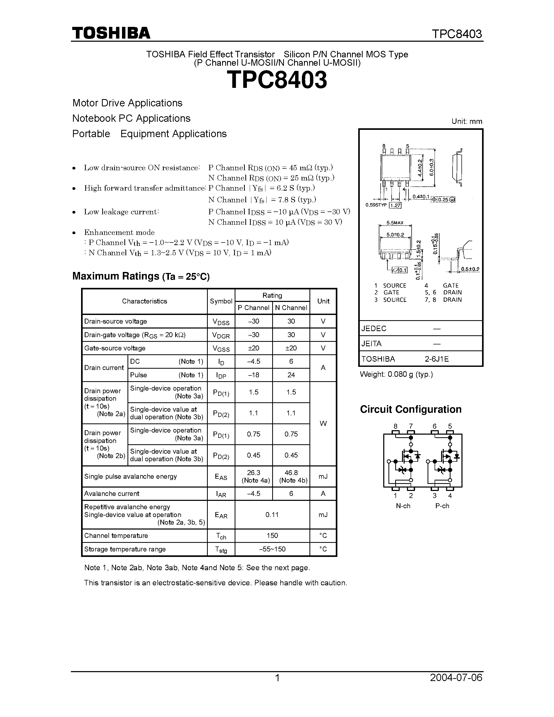 Даташит на микросхему TPC8403 страница 1 Даташит TPC8403 - Field Effect Transistor Silicon P/N Channel MOS Type (P Channel U-MOSII/N Channel U-MOSII) страница 1