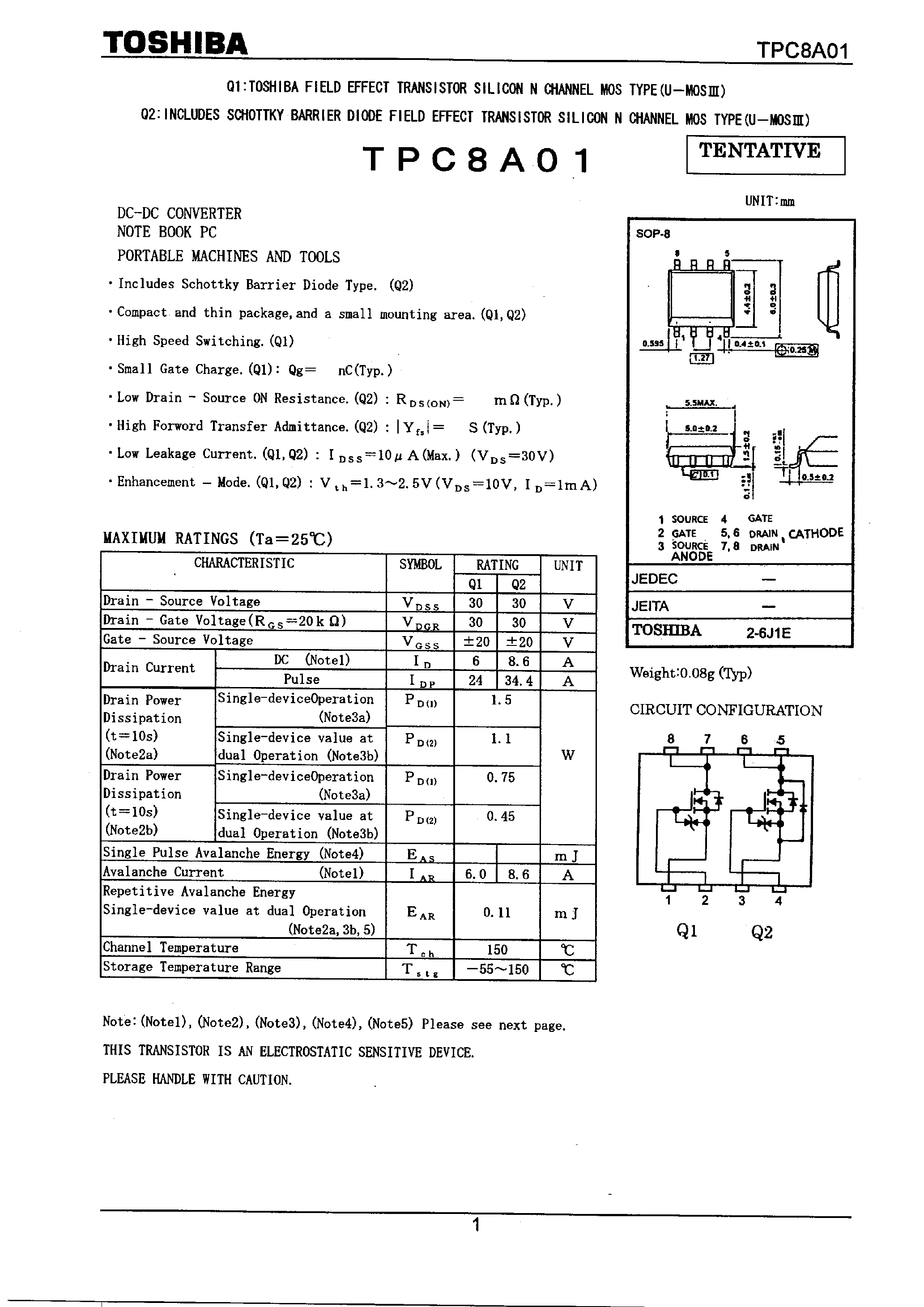 Datasheet TPC8A01 page 1 Datasheet TPC8A01 - FIELD EFFECT TRANSISTOR SILICON N CHANNEL MOS TYPE page 1