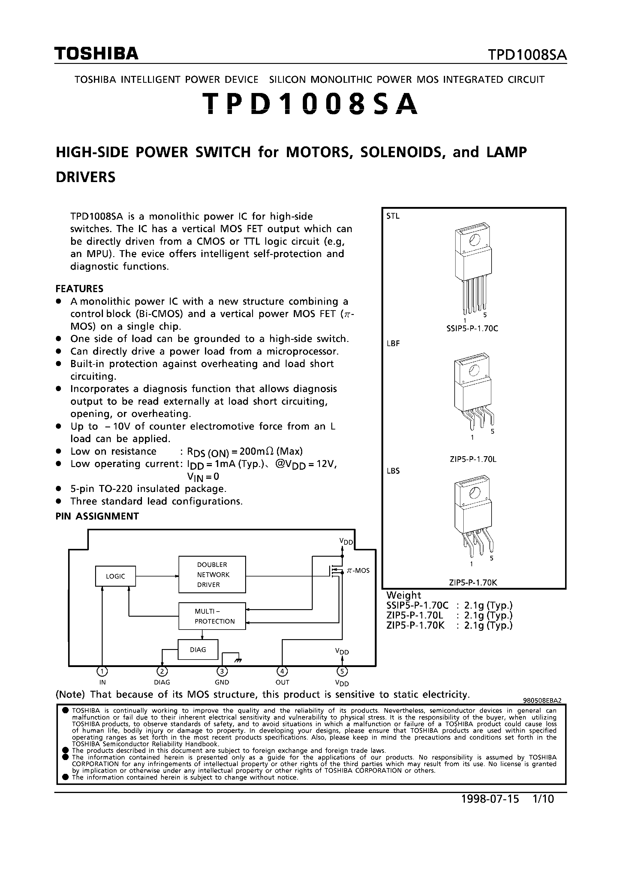 Datasheet TPD1008SA - HIGH SIDE POWER SWITCH FOR MOTORS/SOLENOIDS/ AND LAMP DRIVERS page 1