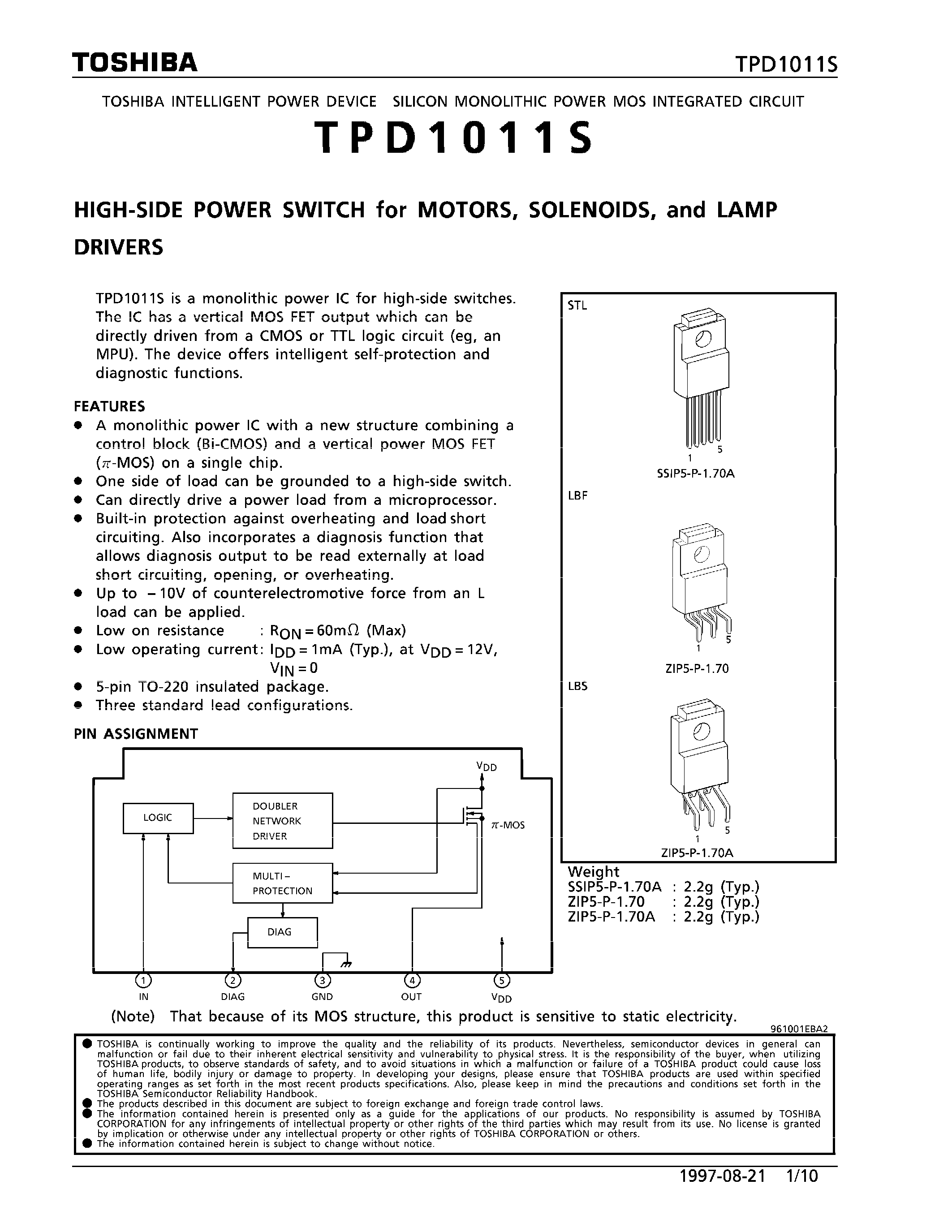 Datasheet TPD1011 - HIGH SIDE POWER SWITCH FOR MOTORS SOLENOIDS AND LAMP DRIVERS page 1