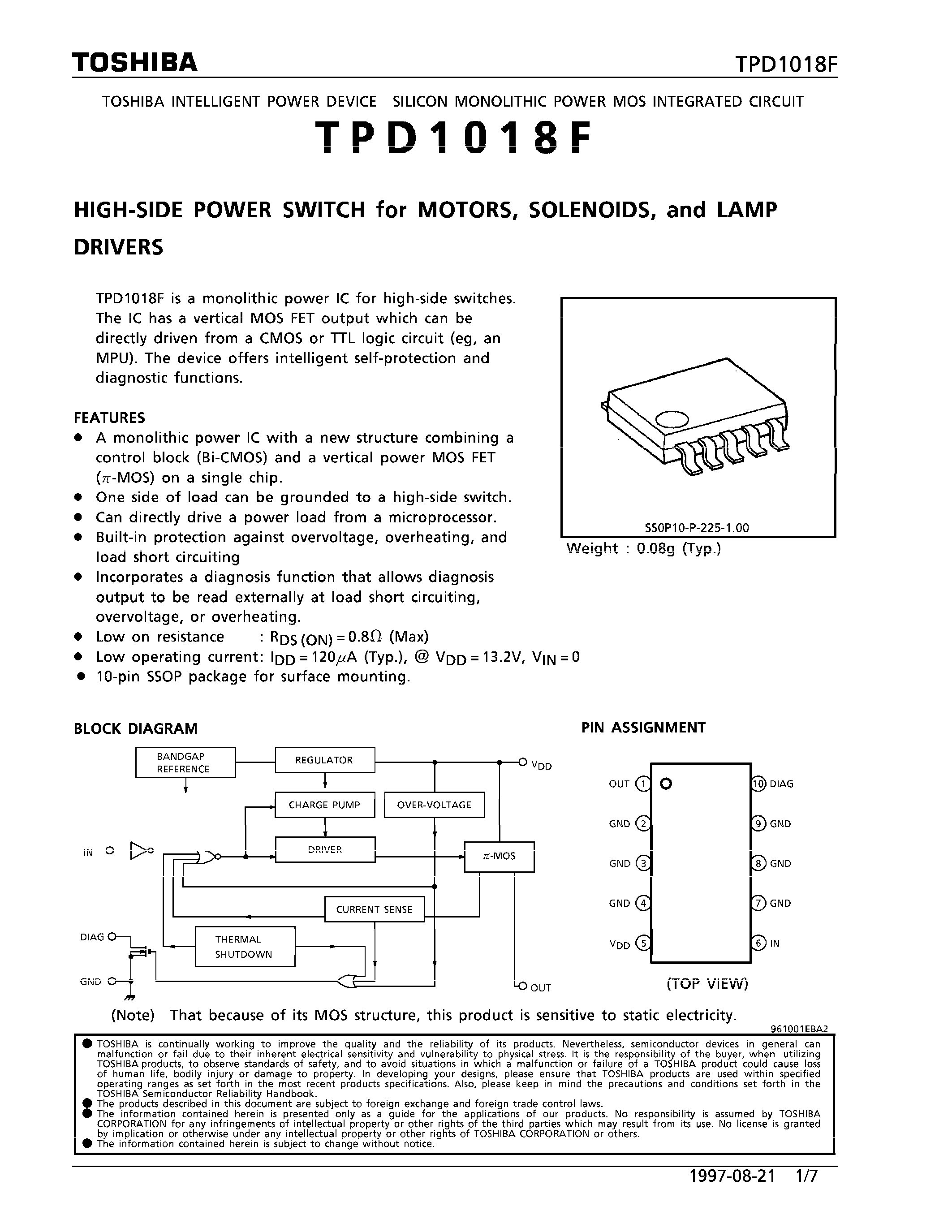 Datasheet TPD1018 - HIGH SIDE POWER SWITCH FOR MOTORS SOLENOIDS AND LAMP DRIVERS page 1