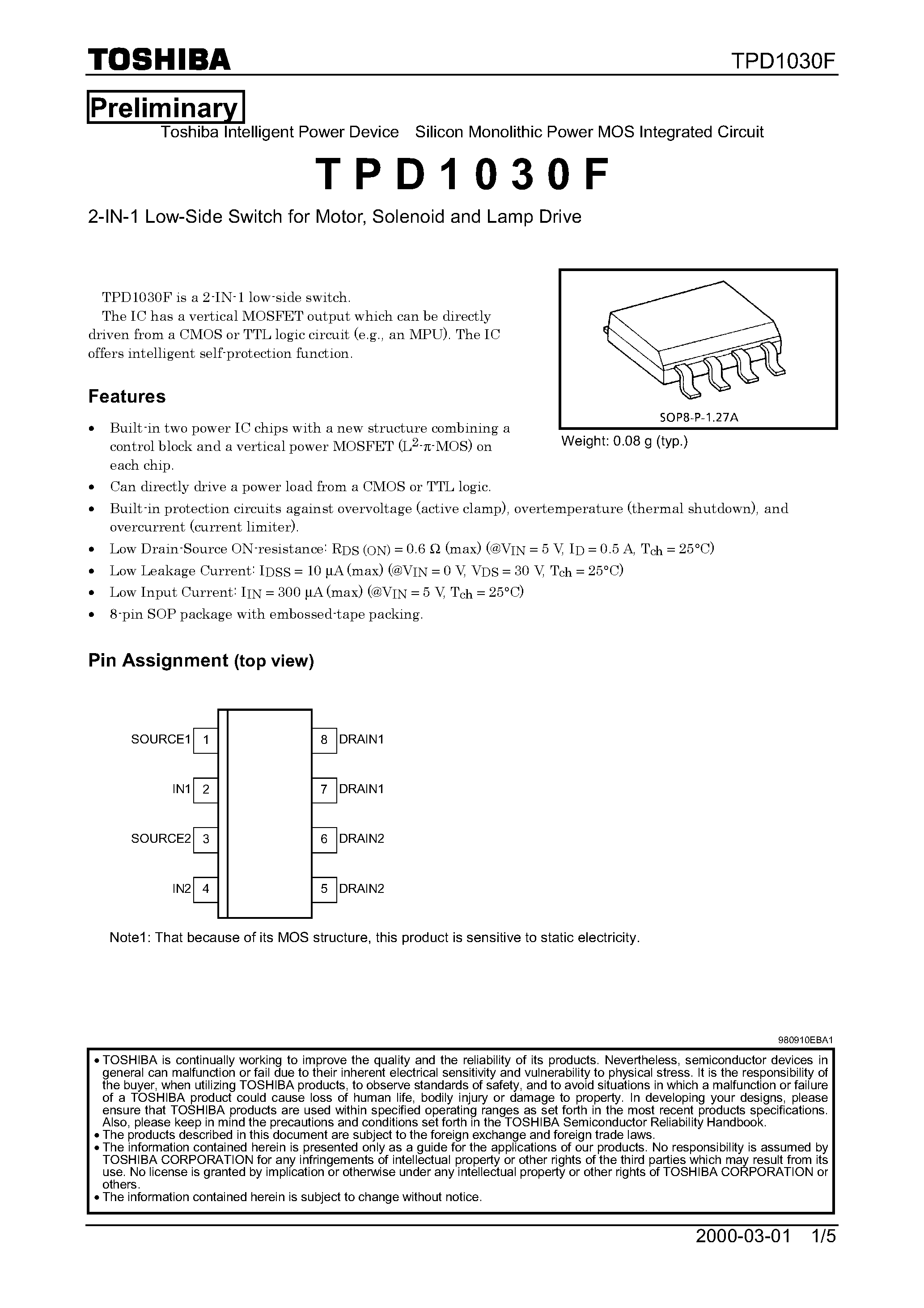 Datasheet TPD1030 page 1 Datasheet TPD1030 - 2-IN-1 Low-Side Switch for Motor/ Solenoid and Lamp Drive page 1