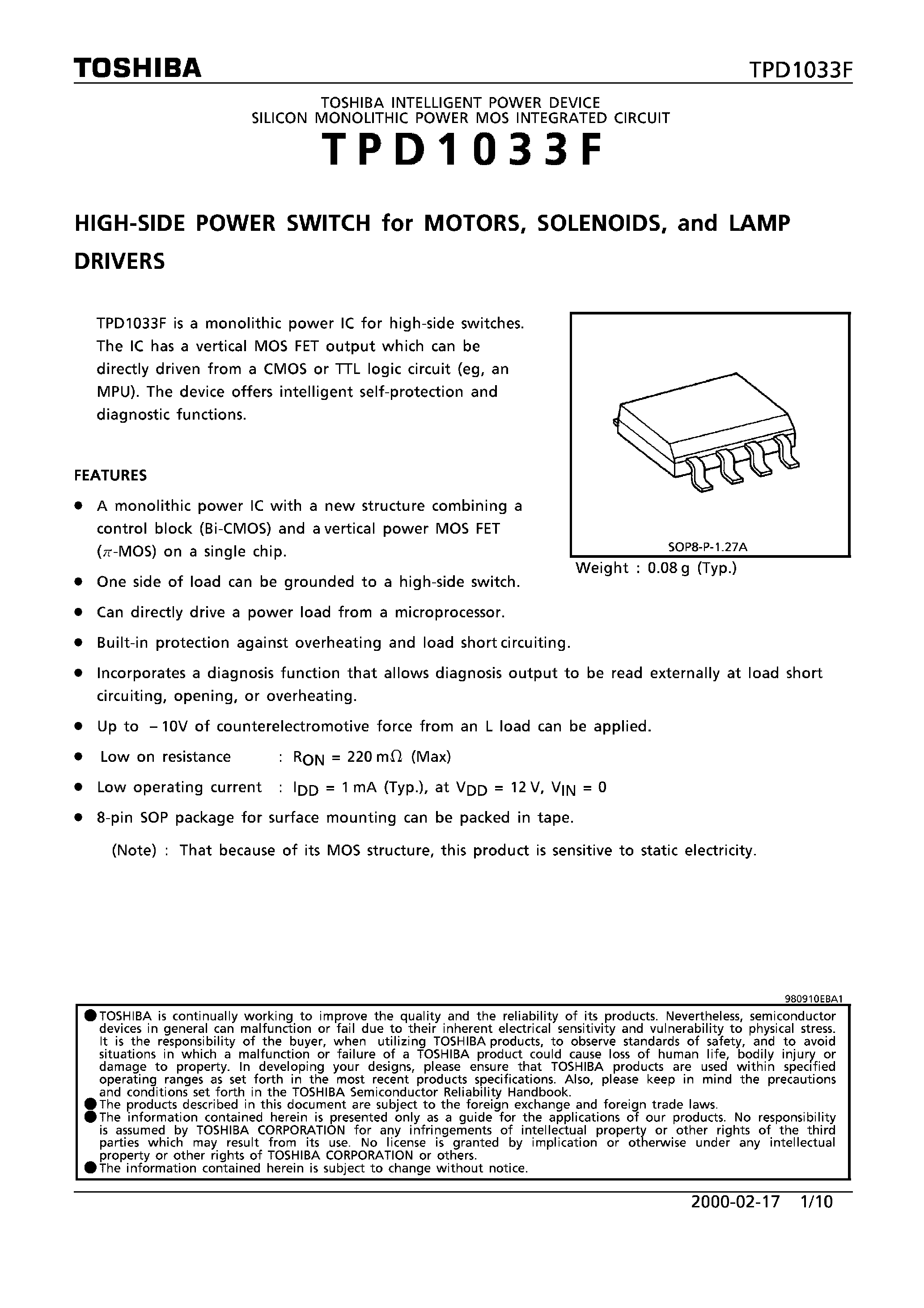 Datasheet TPD1033F - HIGH SIDE POWER SWITCH FOR MOTORS/ SOLENOIDS AND LAMP DRIVERS page 1