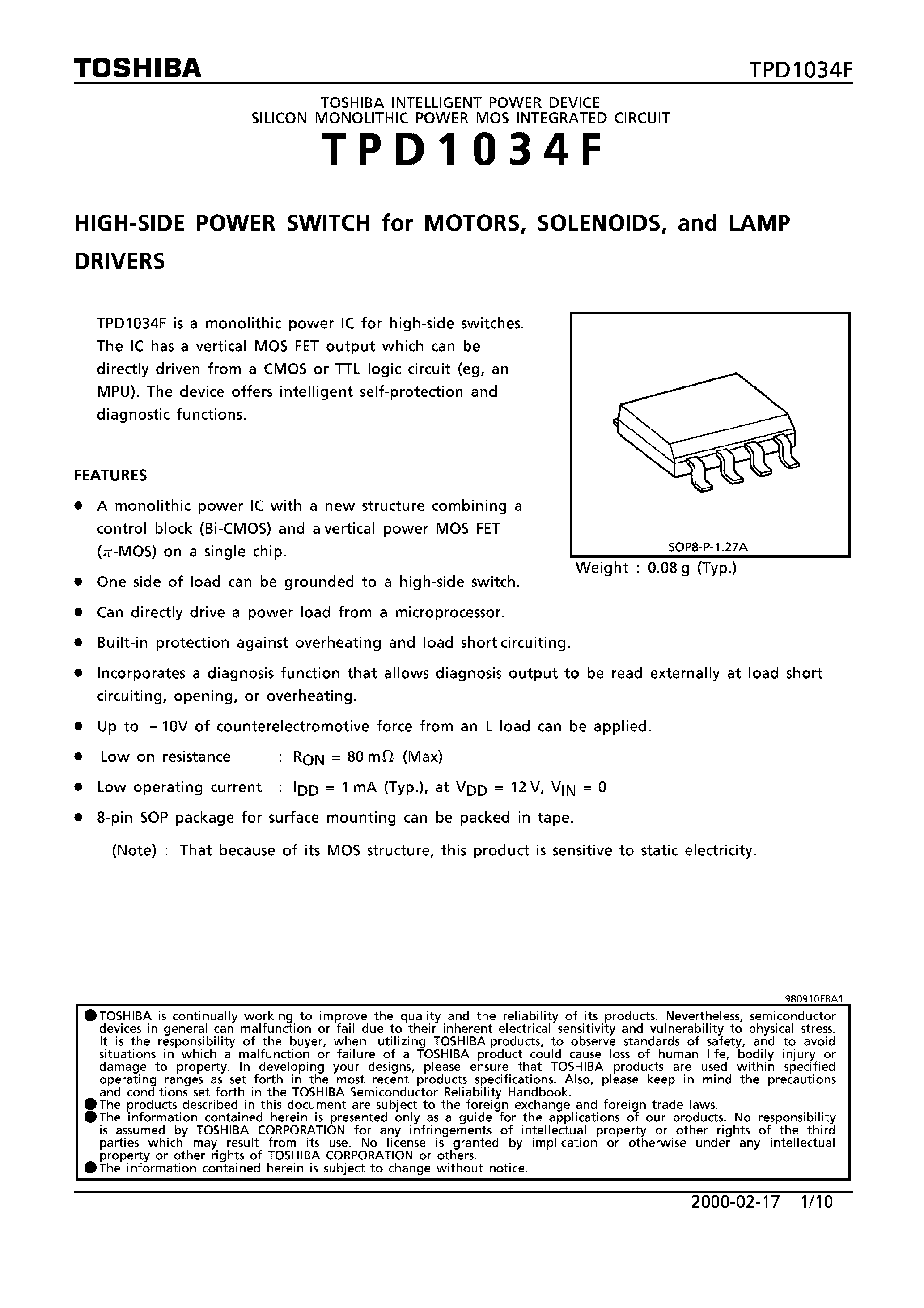 Datasheet TPD1034 - HIGH SIDE POWER SWITCH FOR MOTORS SOLENOIDS AND LAMP DRIVERS page 1