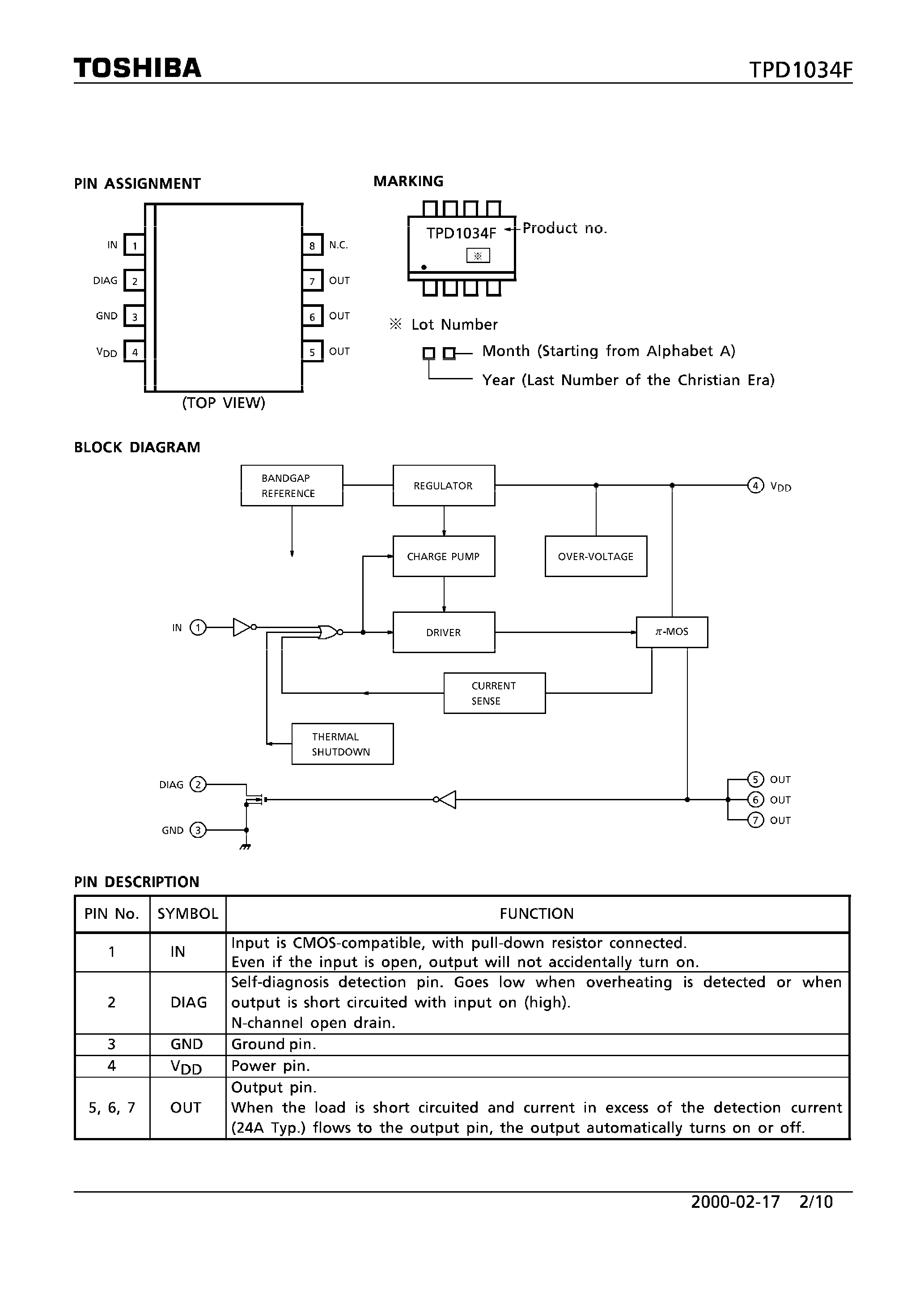 Datasheet TPD1034 - HIGH SIDE POWER SWITCH FOR MOTORS SOLENOIDS AND LAMP DRIVERS page 2