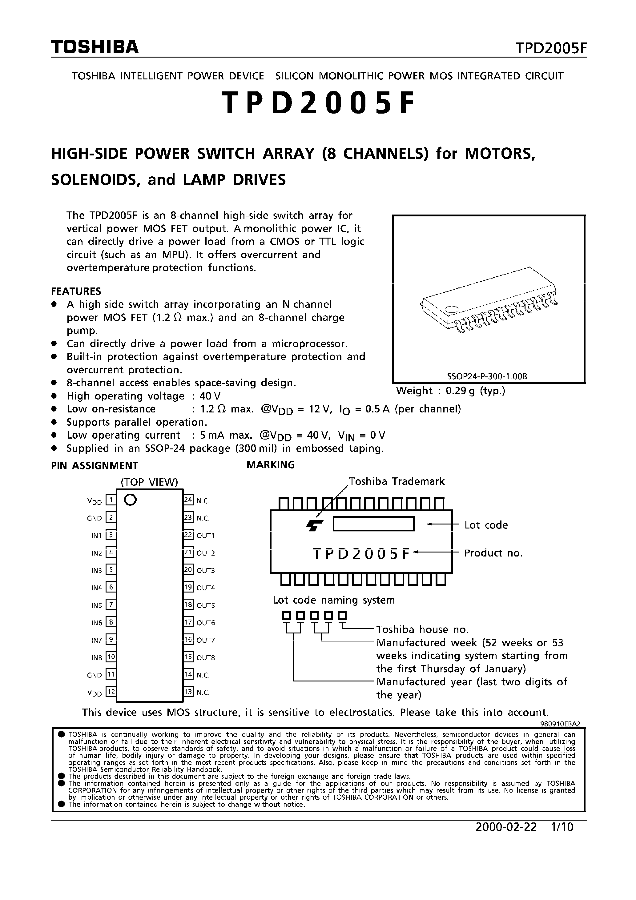 Datasheet TPD2005 - HIGH SIDE POWER SWITCH ARRAY FOR MOTORS/ SOLENOIDS/ AND LAMP DRIVES page 1