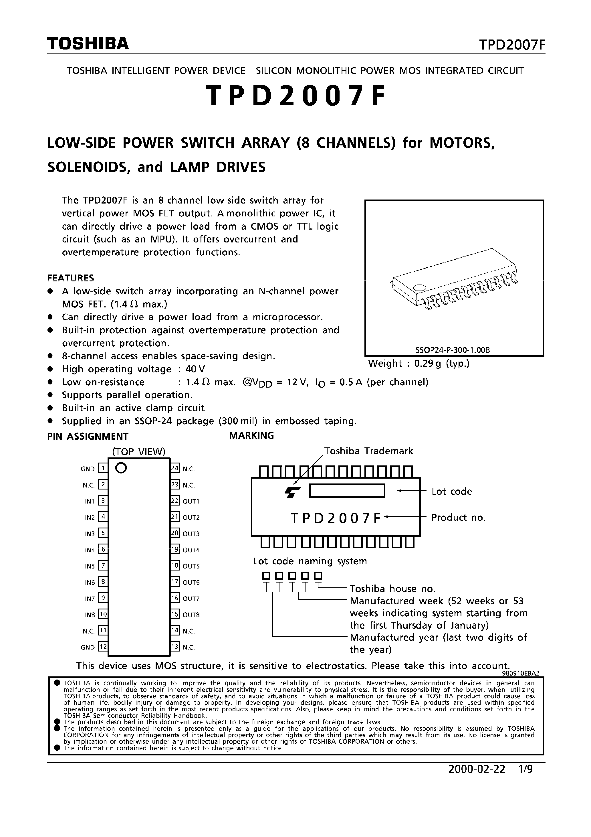 Datasheet TPD2007F - LOW-SIDE POWER SWITCH ARRAY FOR MOTORS SOLENOIDS AND LAMP DRIVES page 1