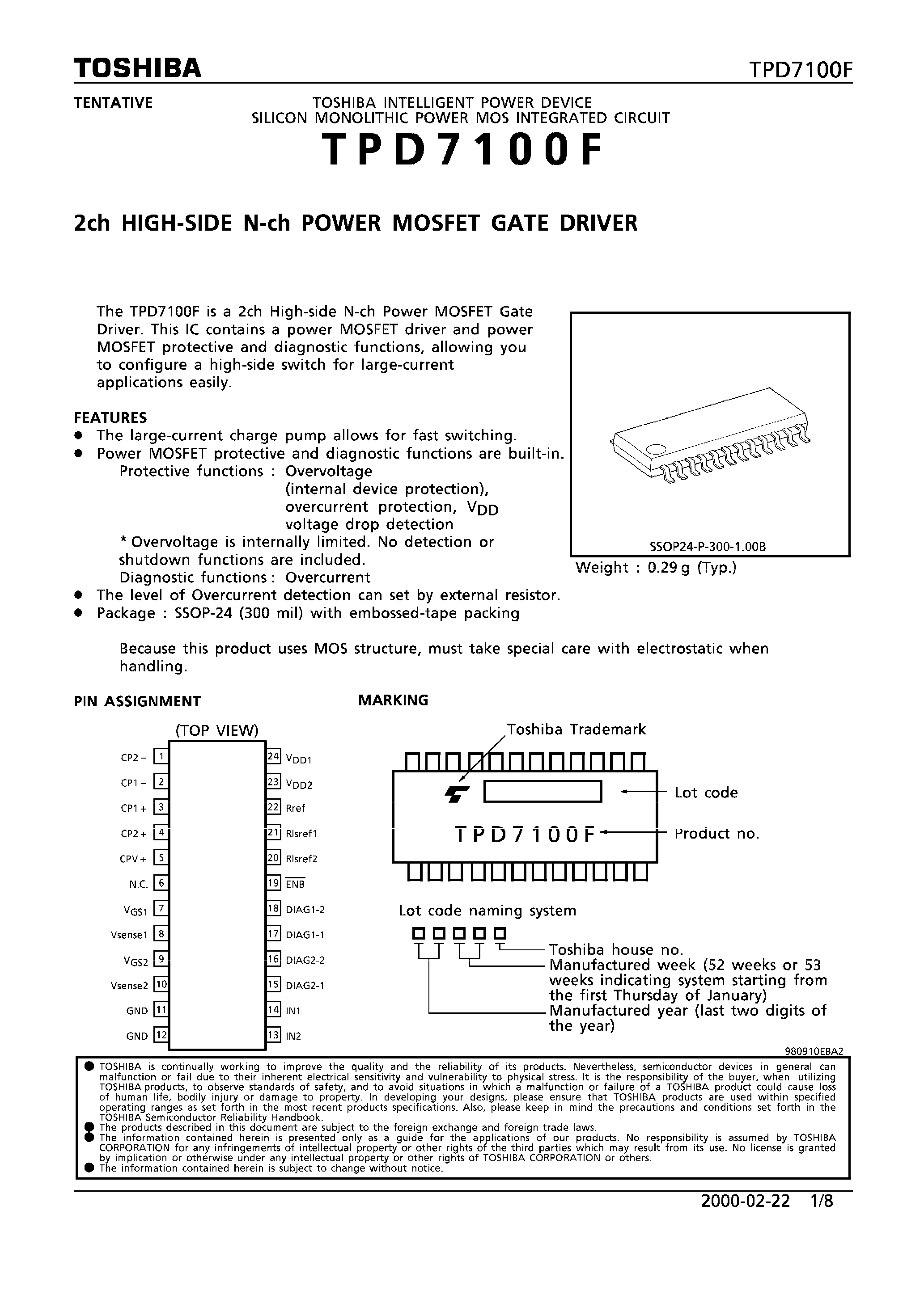 Datasheet TPD7100 - 2 CH HIGH SIDE N CH POWER MOSFET GATE DRIVER page 1