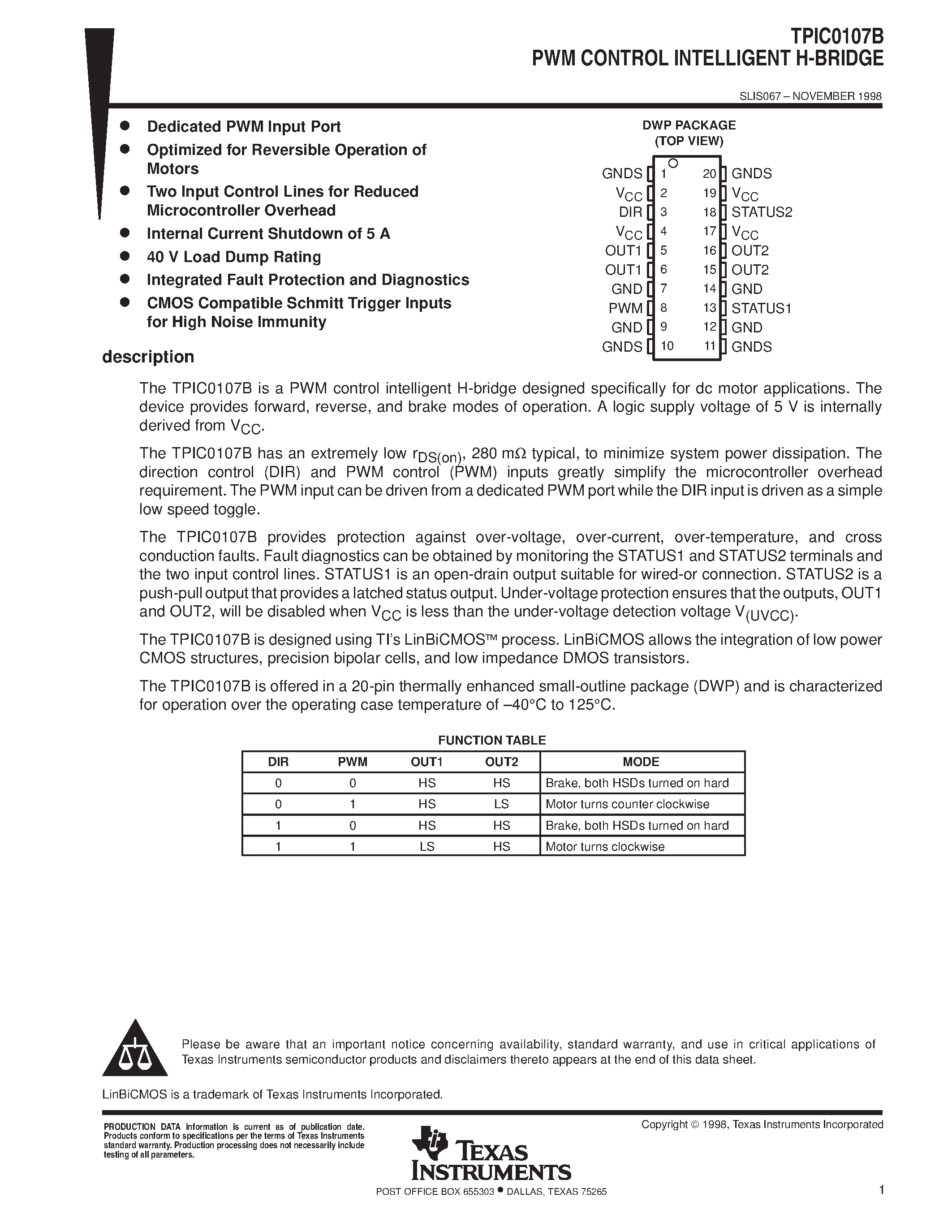Даташит на микросхему TPIC0107BDWP страница 1 Даташит TPIC0107BDWP - PWM CONTROL INTELLIGENT H-BRIDGE страница 1
